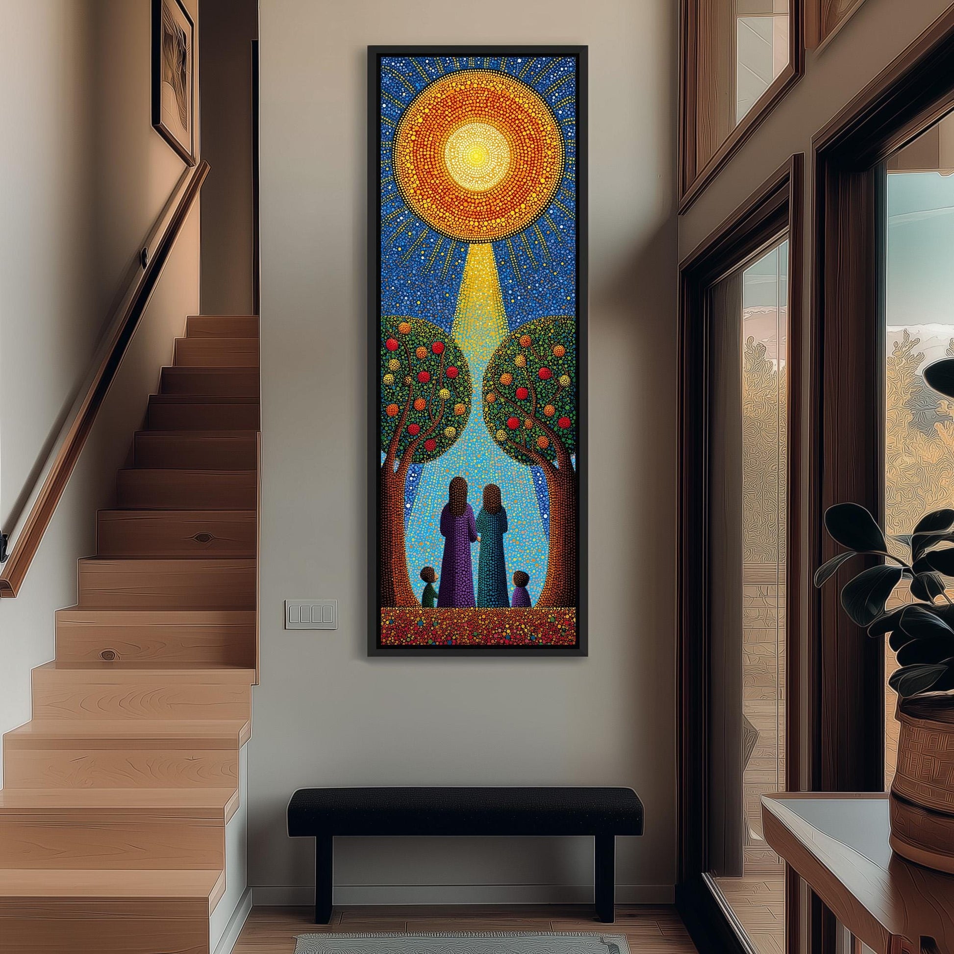a large, colorful painting hanging on the wall of a hallway. The painting depicts a family of three, with two women and a child, standing in front of a sun-like symbol. The painting is framed in black and is the focal point of the hallway.