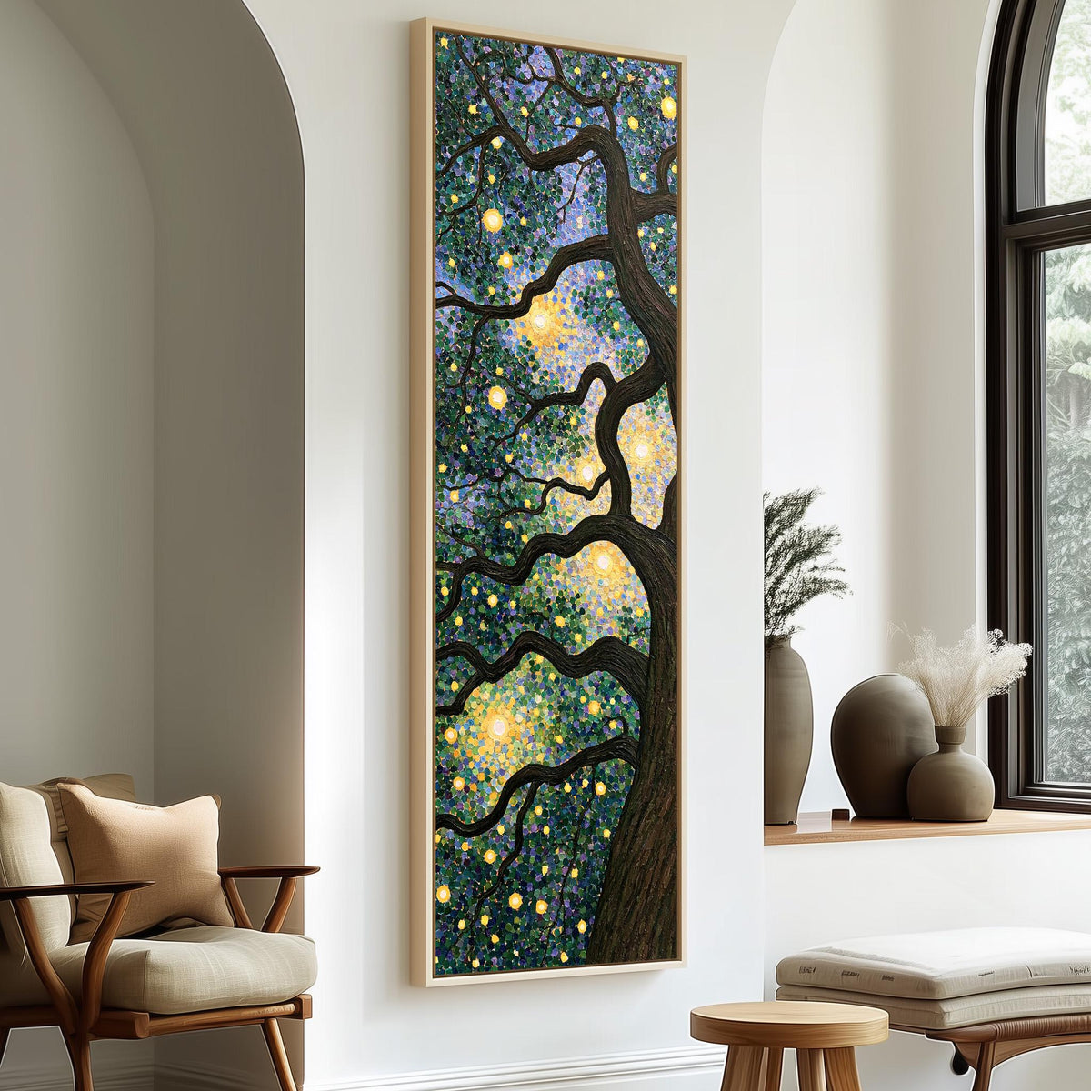 Tree canopy twinkling with golden lights tall skinny canvas print in a sunlit living space