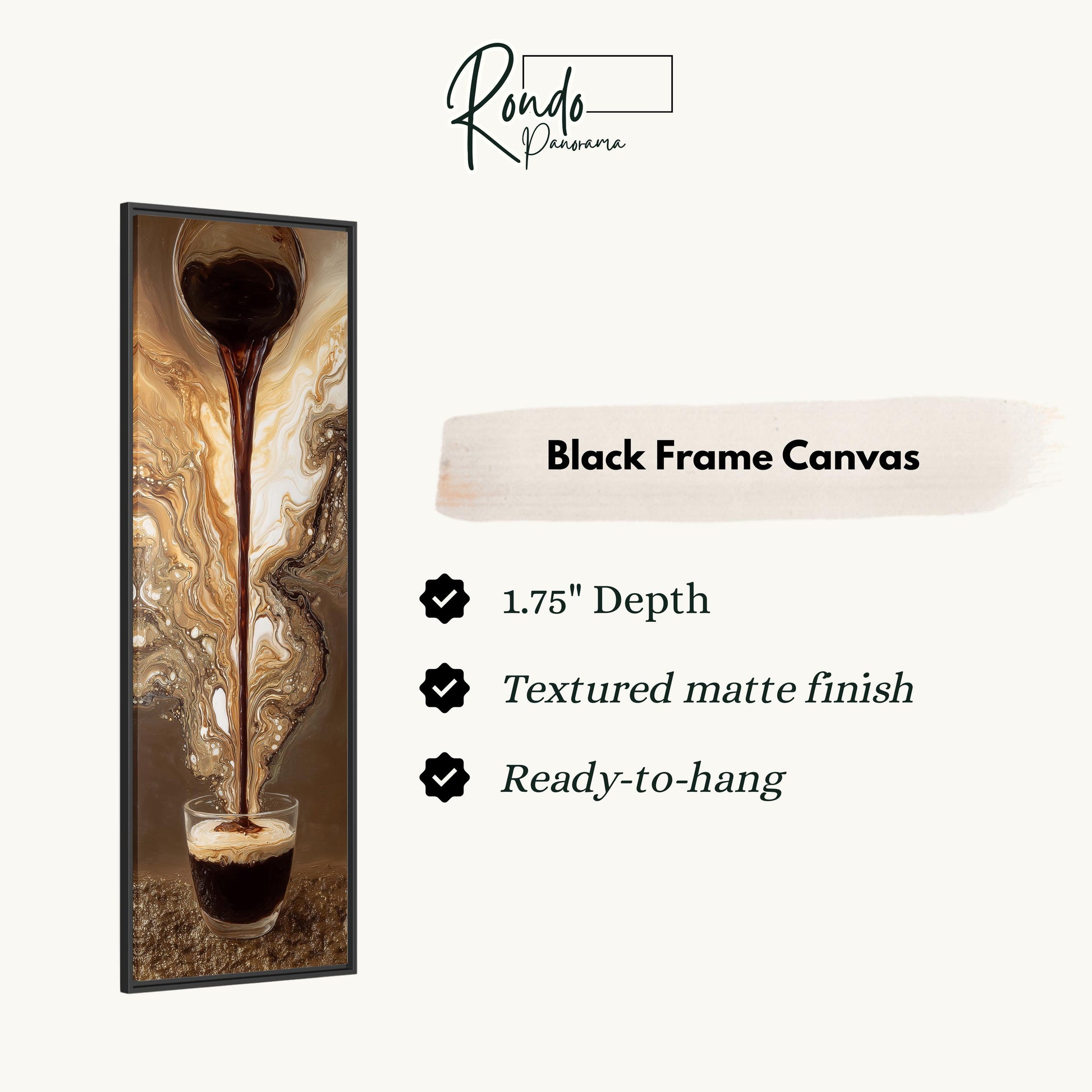 The image is a black frame canvas depicting a glass of coffee with a stream of coffee flowing out of it.