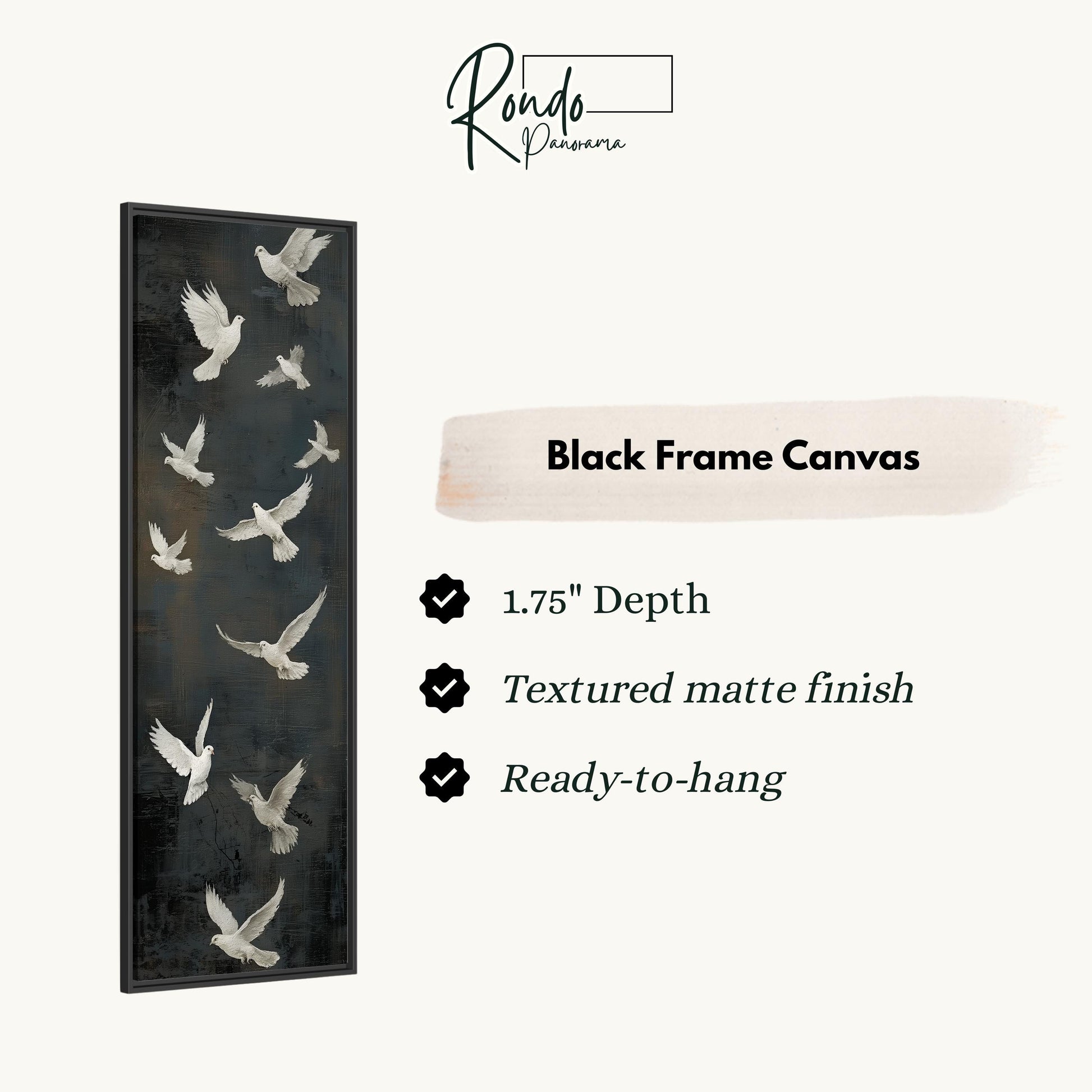 The image is a black frame canvas featuring a flock of white birds in flight.