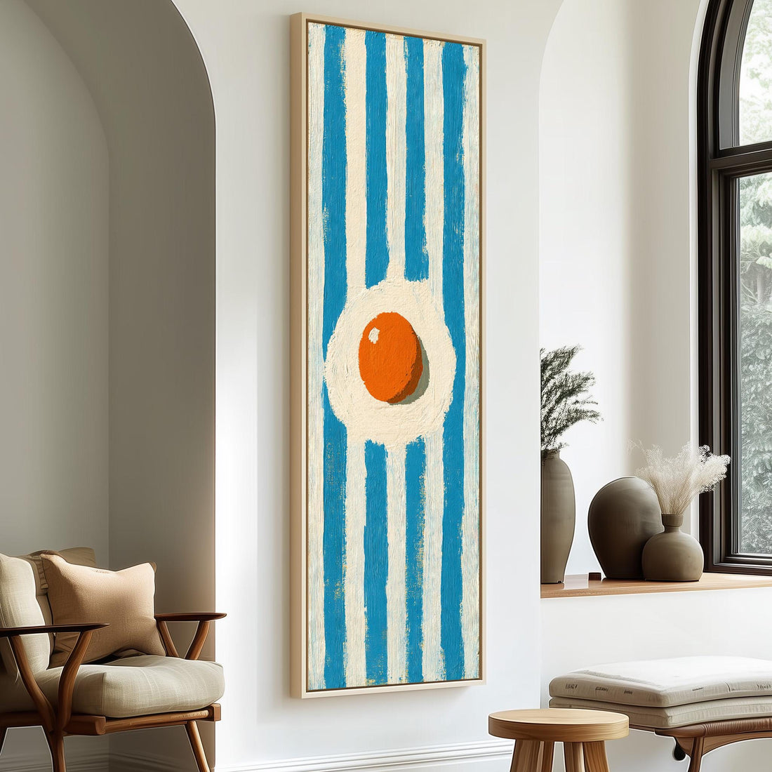 Fried egg on blue stripes long vertical canvas print in a sunlit living space