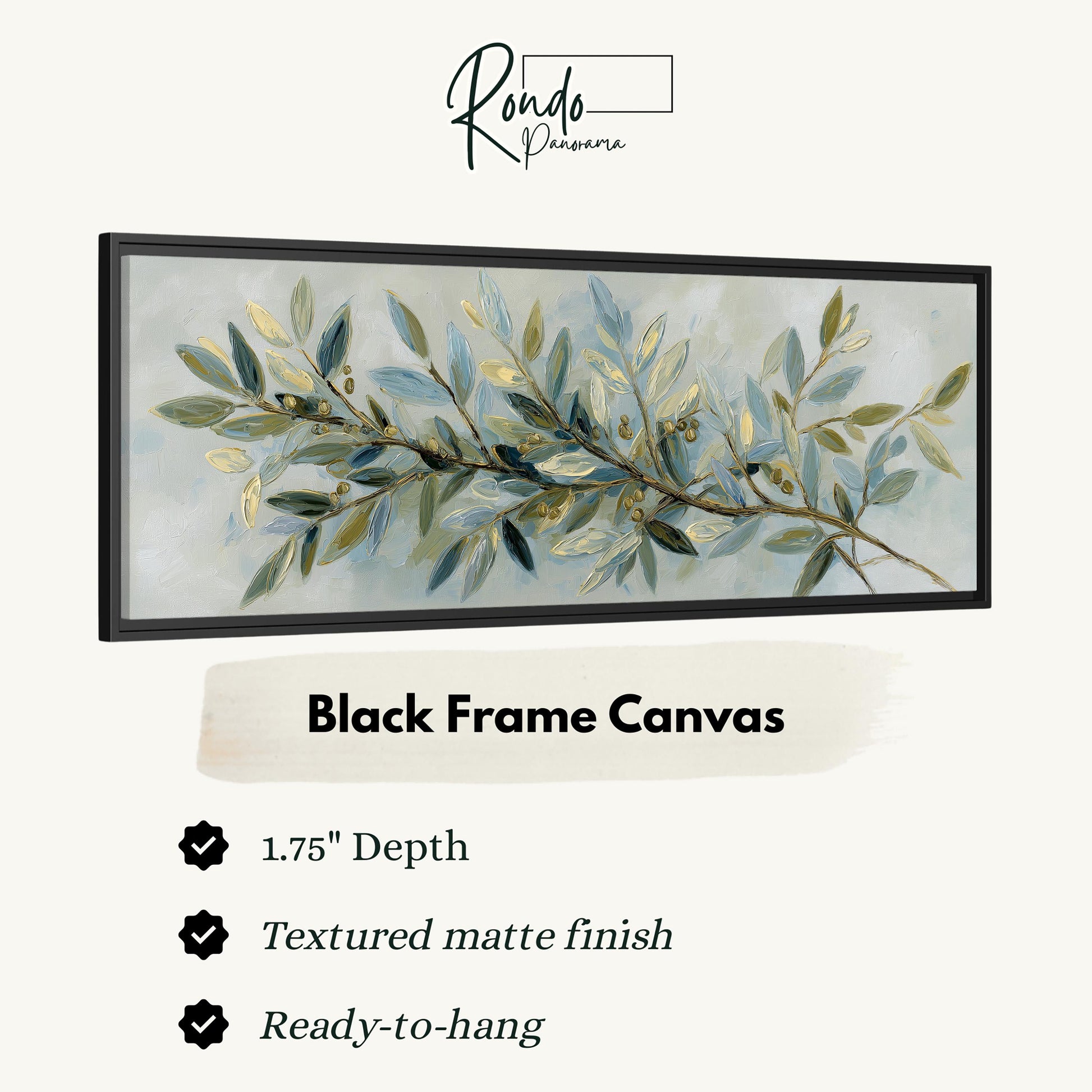 The image is a black frame canvas with a painting of a branch with green leaves and gold accents.