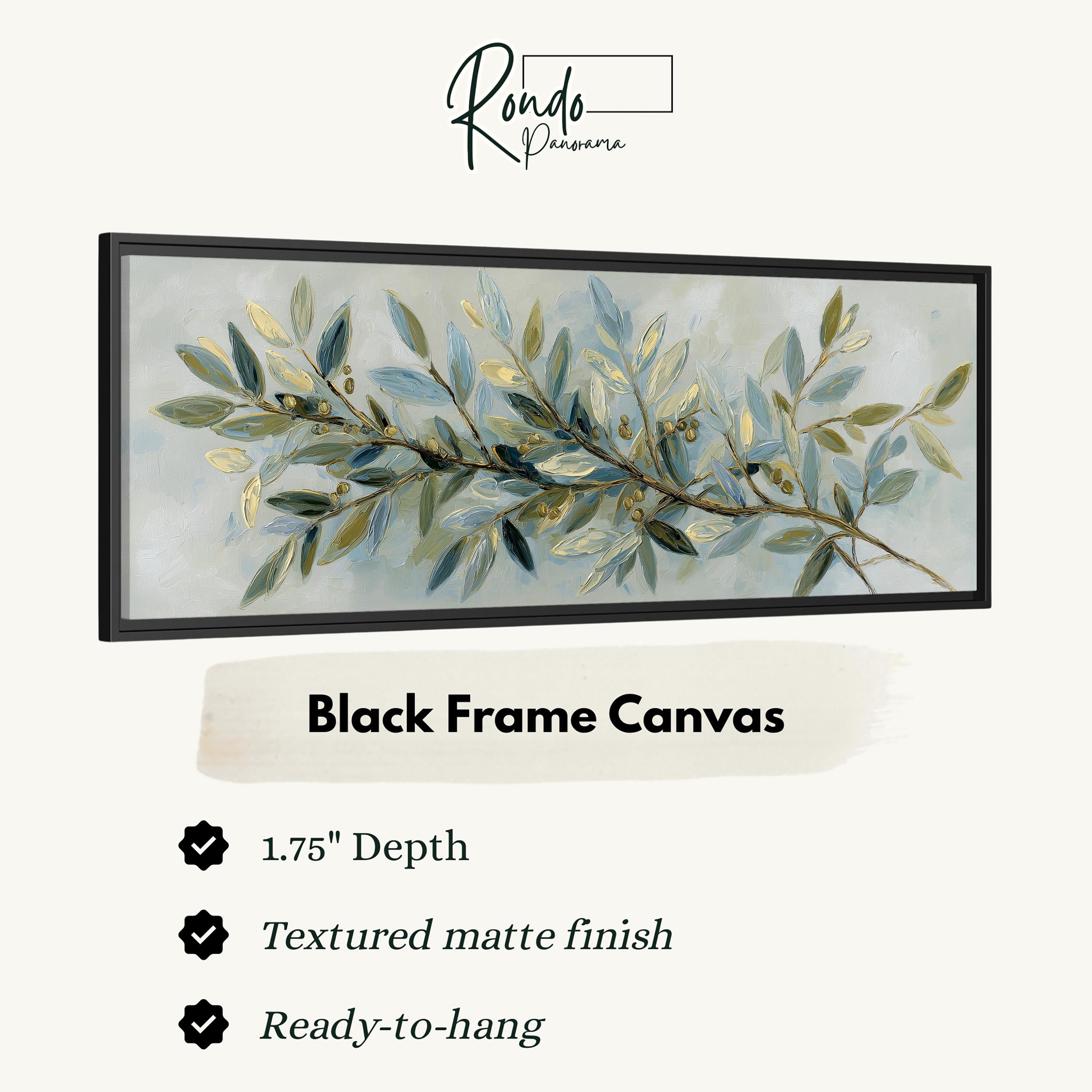 The image is a black frame canvas with a painting of a branch with green leaves and gold accents.