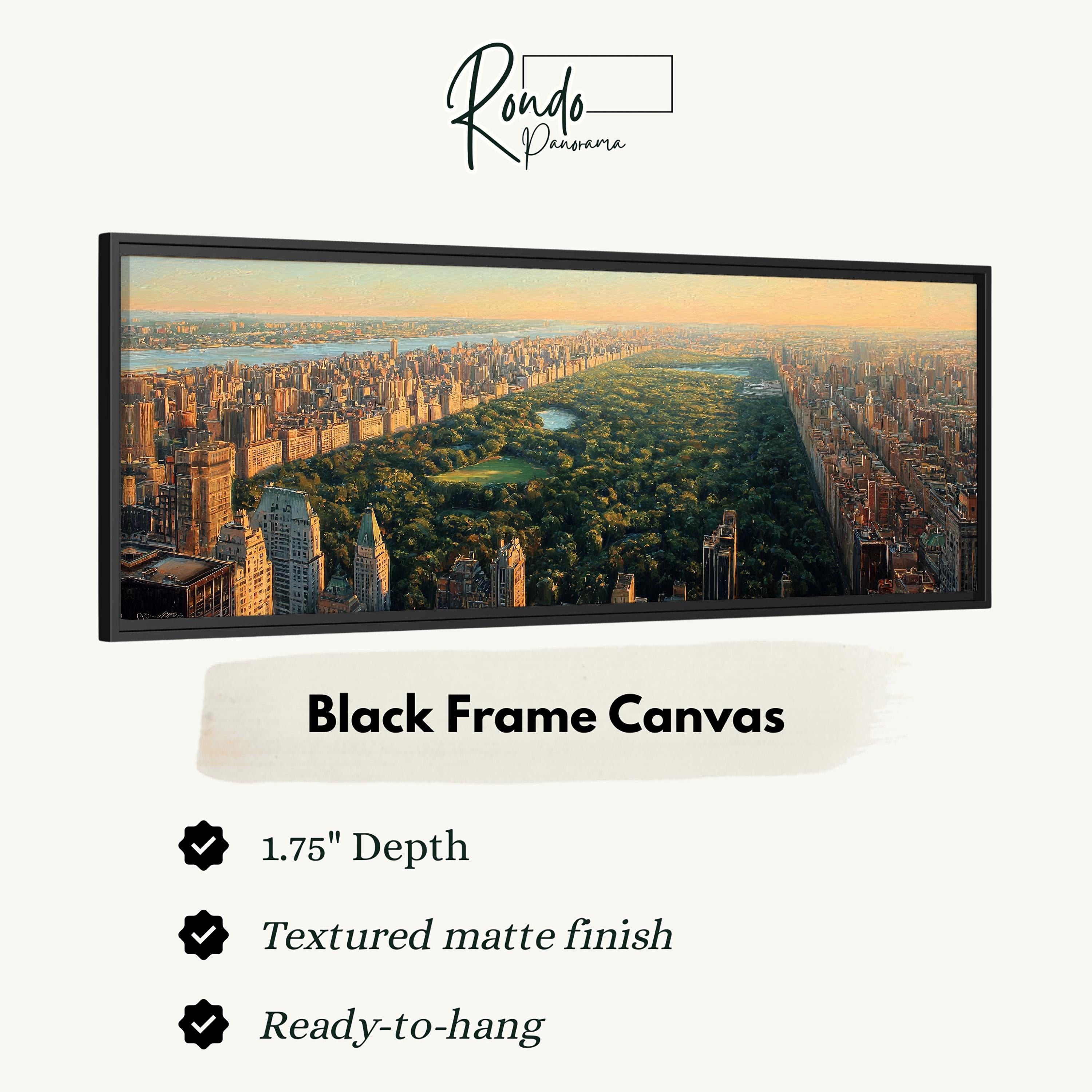 A black frame canvas depicting a cityscape with tall buildings and a park in the distance.