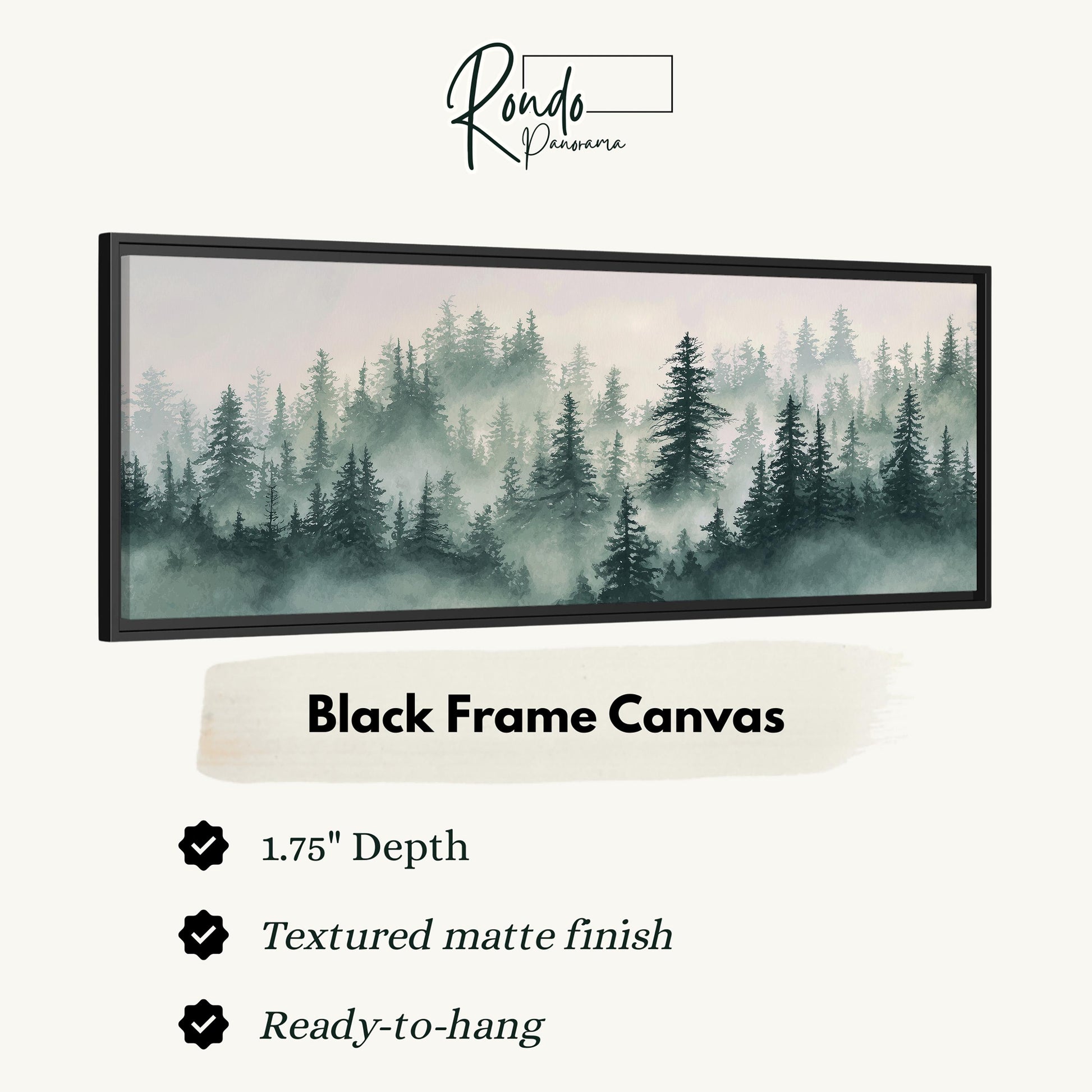 The image is a black frame canvas depicting a forest scene with misty trees.