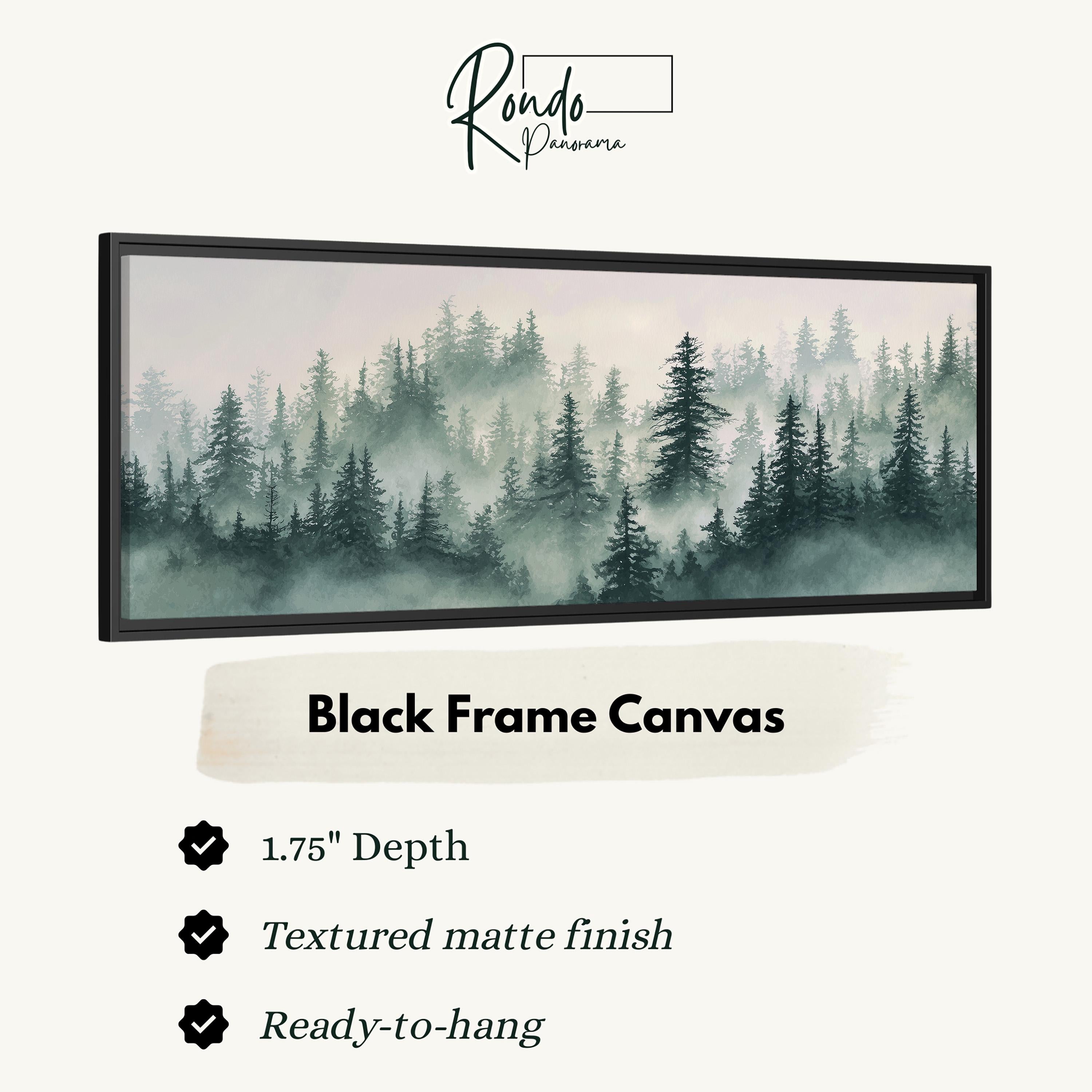 The image is a black frame canvas depicting a forest scene with misty trees.