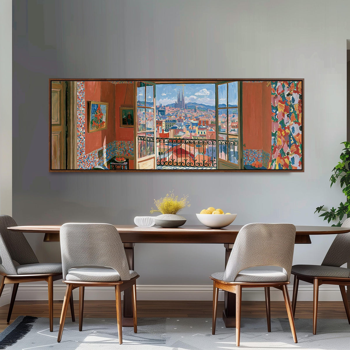 Barcelona seen through an open window long horizontal canvas print above a dining table