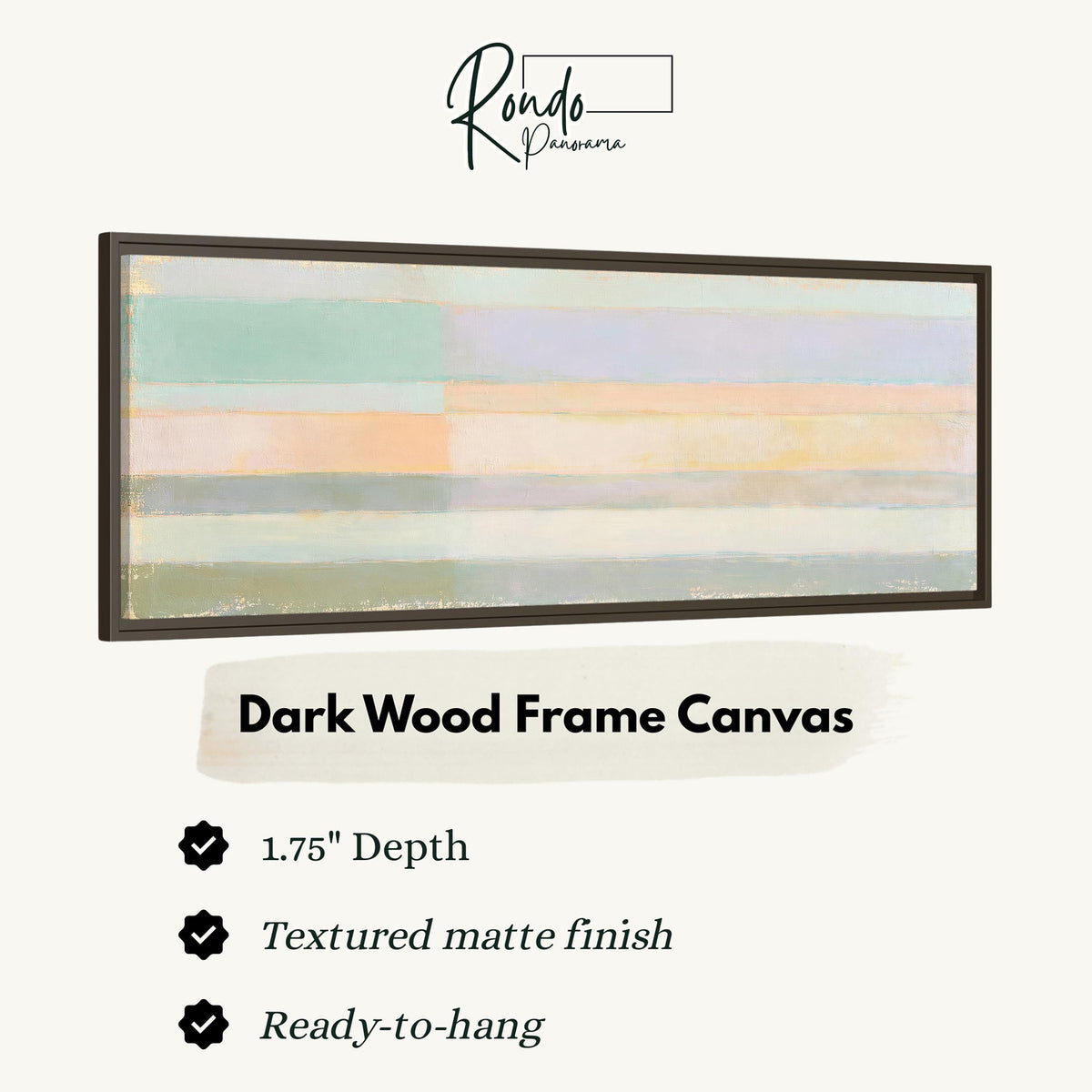 Mint, lavender and peach pastel bands canvas print in a dark wood floating frame
