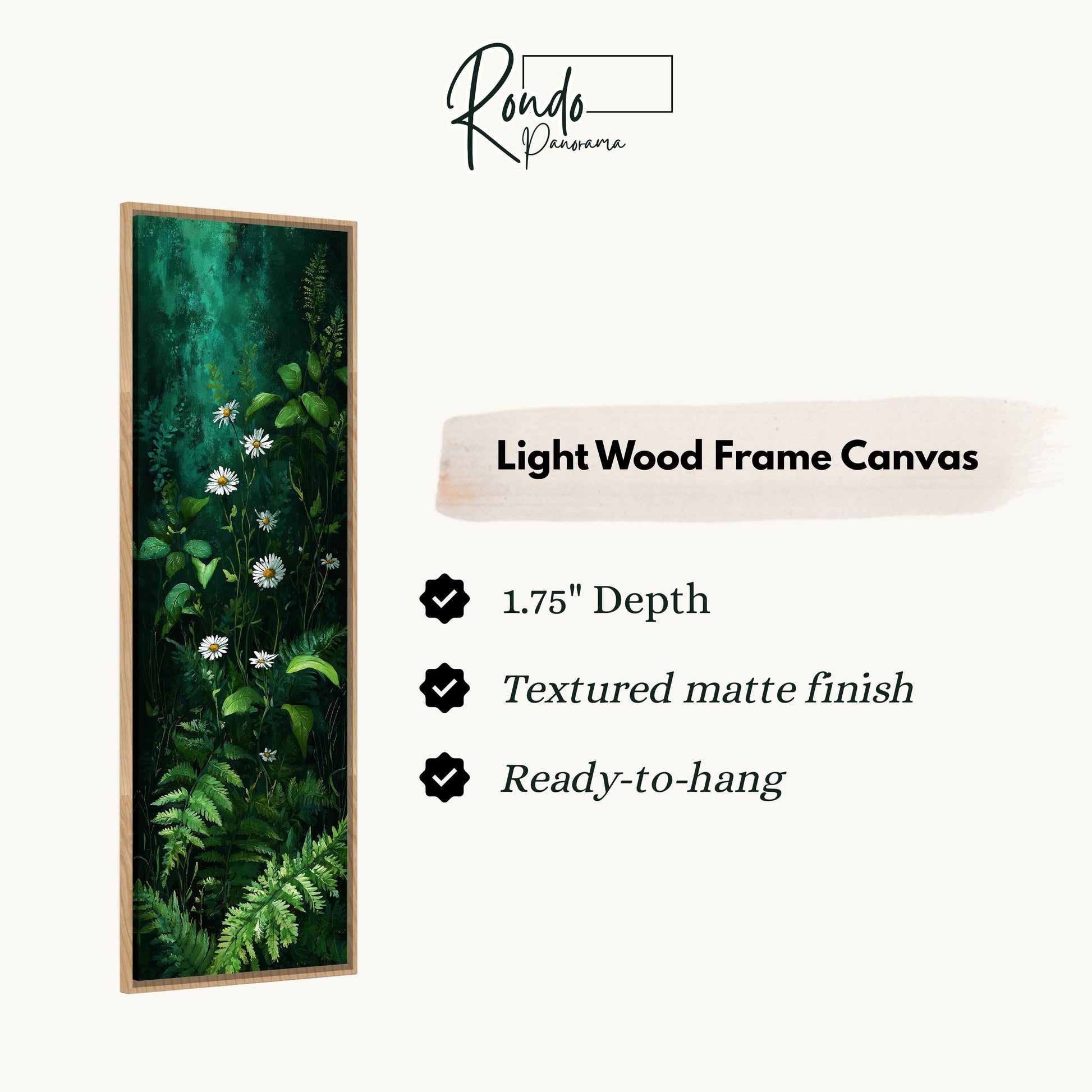 The image is a vertical frame canvas depicting a lush green plant with white flowers. The frame is described as a light wood frame canvas with a 1.75" depth, a textured matte finish, and a ready-to-hang feature.