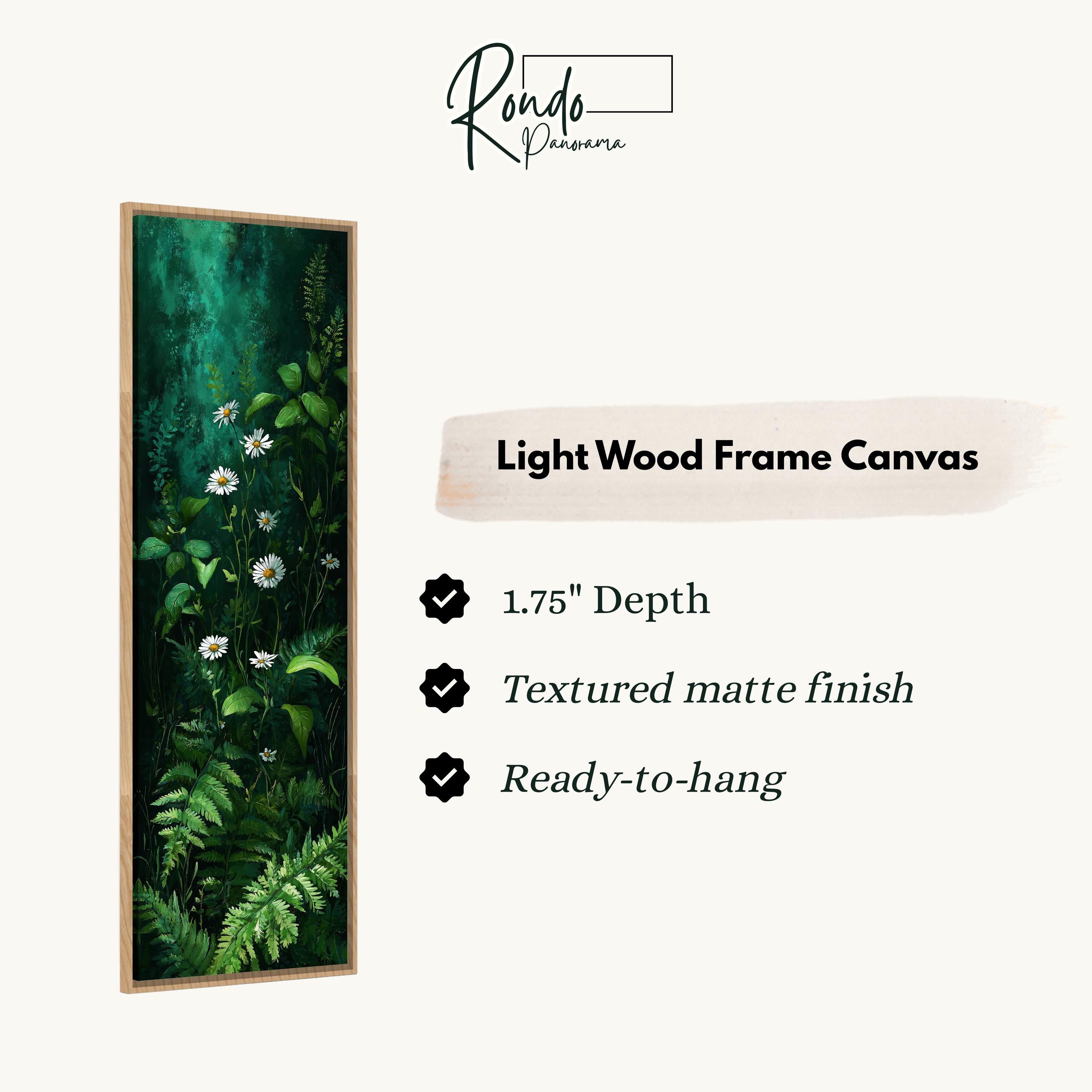 The image is a vertical frame canvas depicting a lush green plant with white flowers. The frame is described as a light wood frame canvas with a 1.75" depth, a textured matte finish, and a ready-to-hang feature.