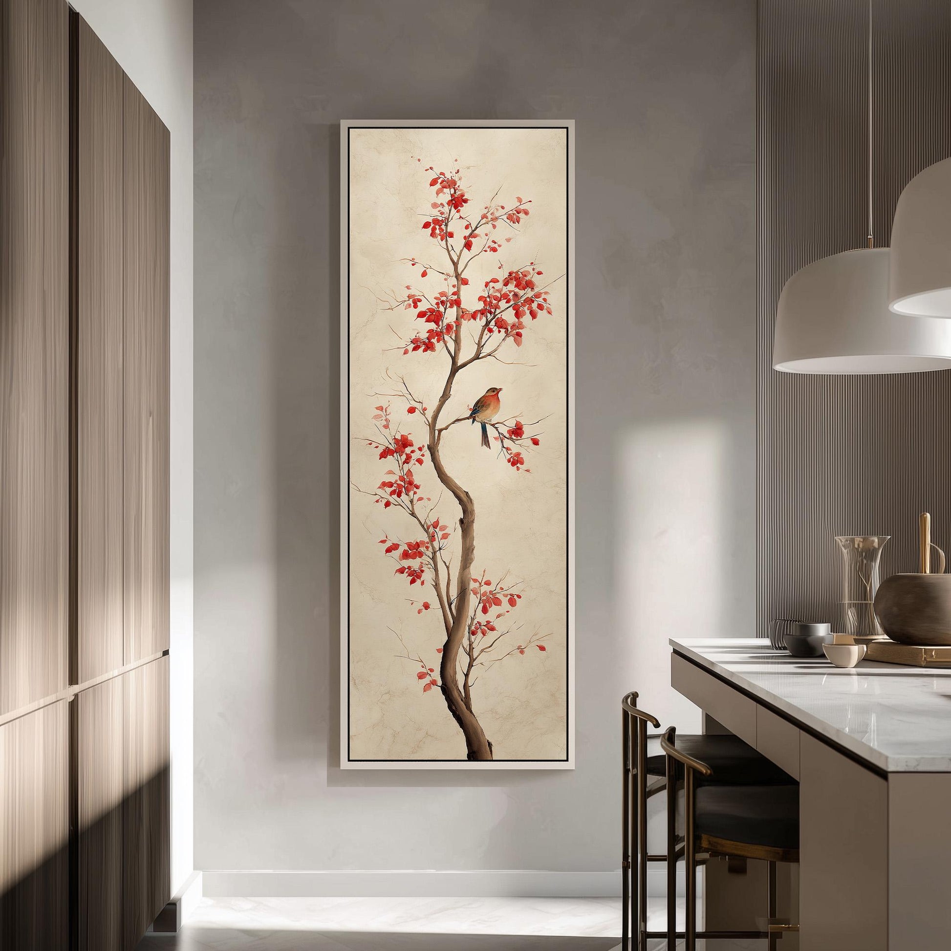 a large, framed painting of a tree with red leaves hanging on a wall in a modern kitchen.