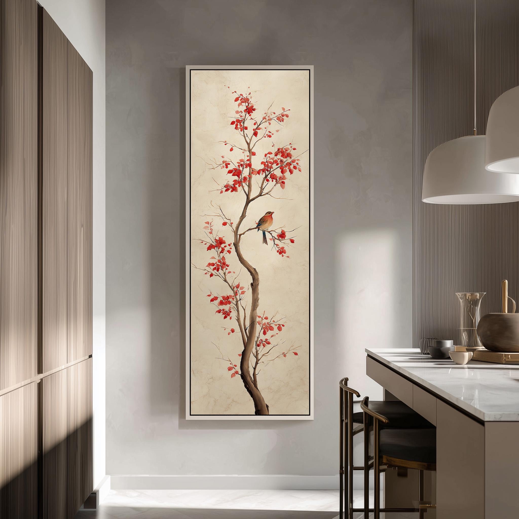 a large, framed painting of a tree with red leaves hanging on a wall in a modern kitchen.