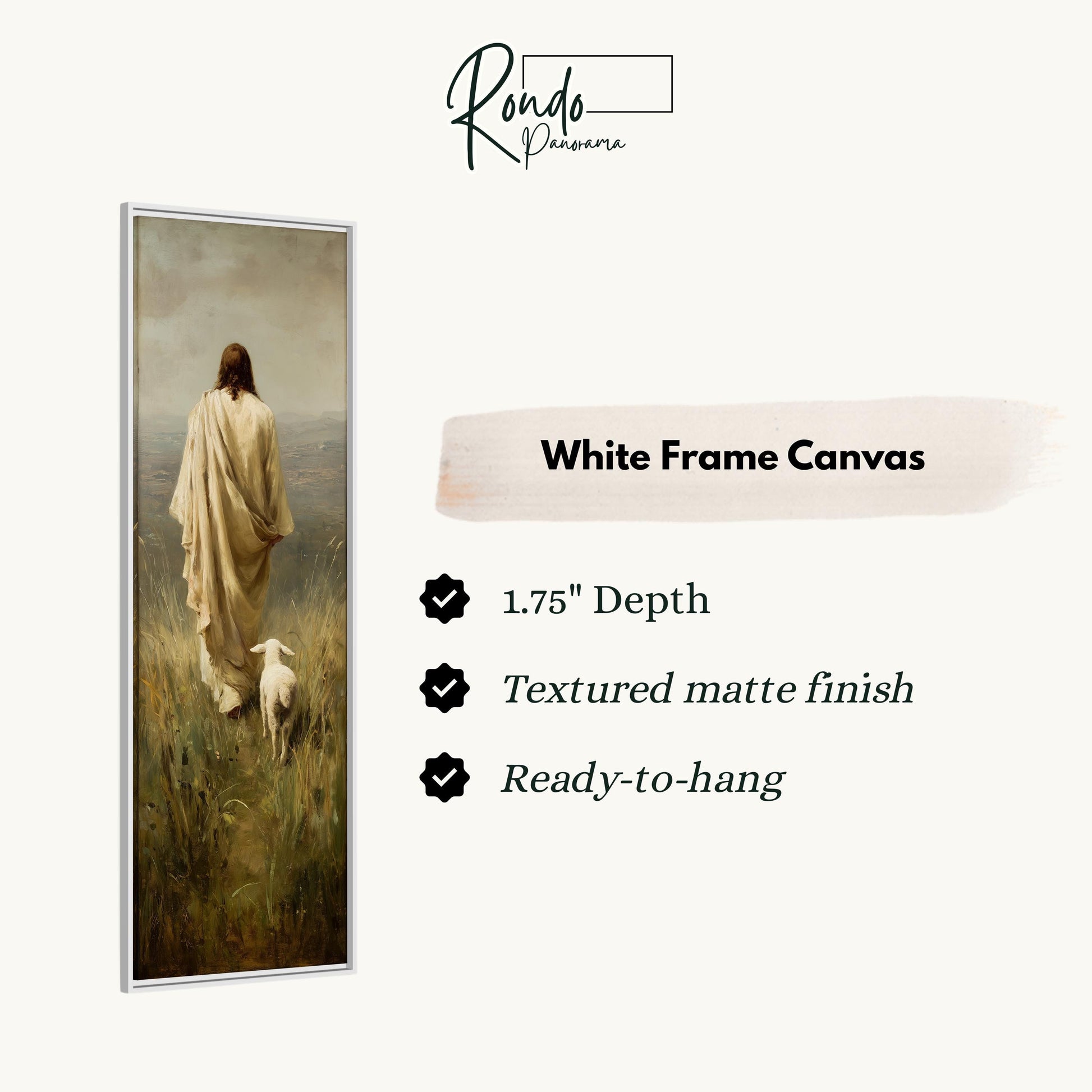 The image is a white frame canvas depicting a painting of a person walking in a field with a lamb.