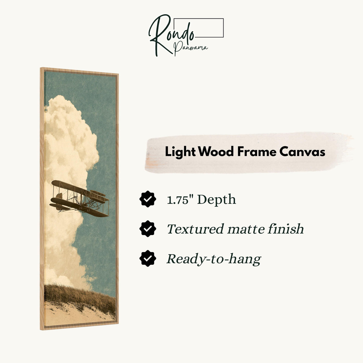 Vintage biplane flying past a tall cloud canvas print in a light wood floating frame