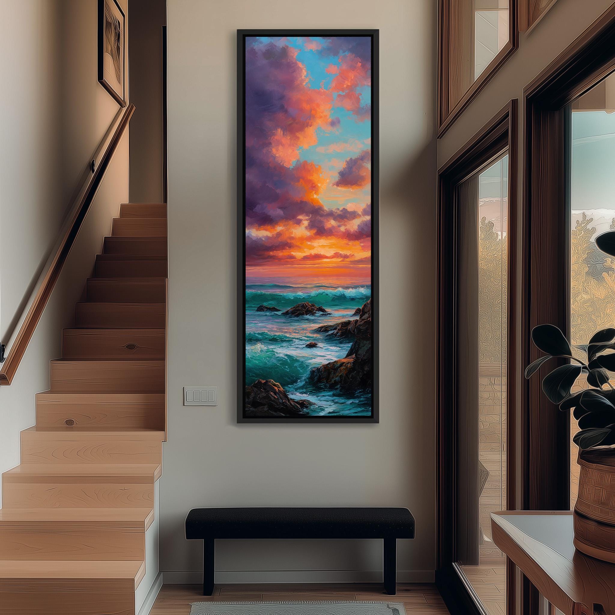 a large painting of a seascape hanging on the wall of a room with wooden stairs and a bench.