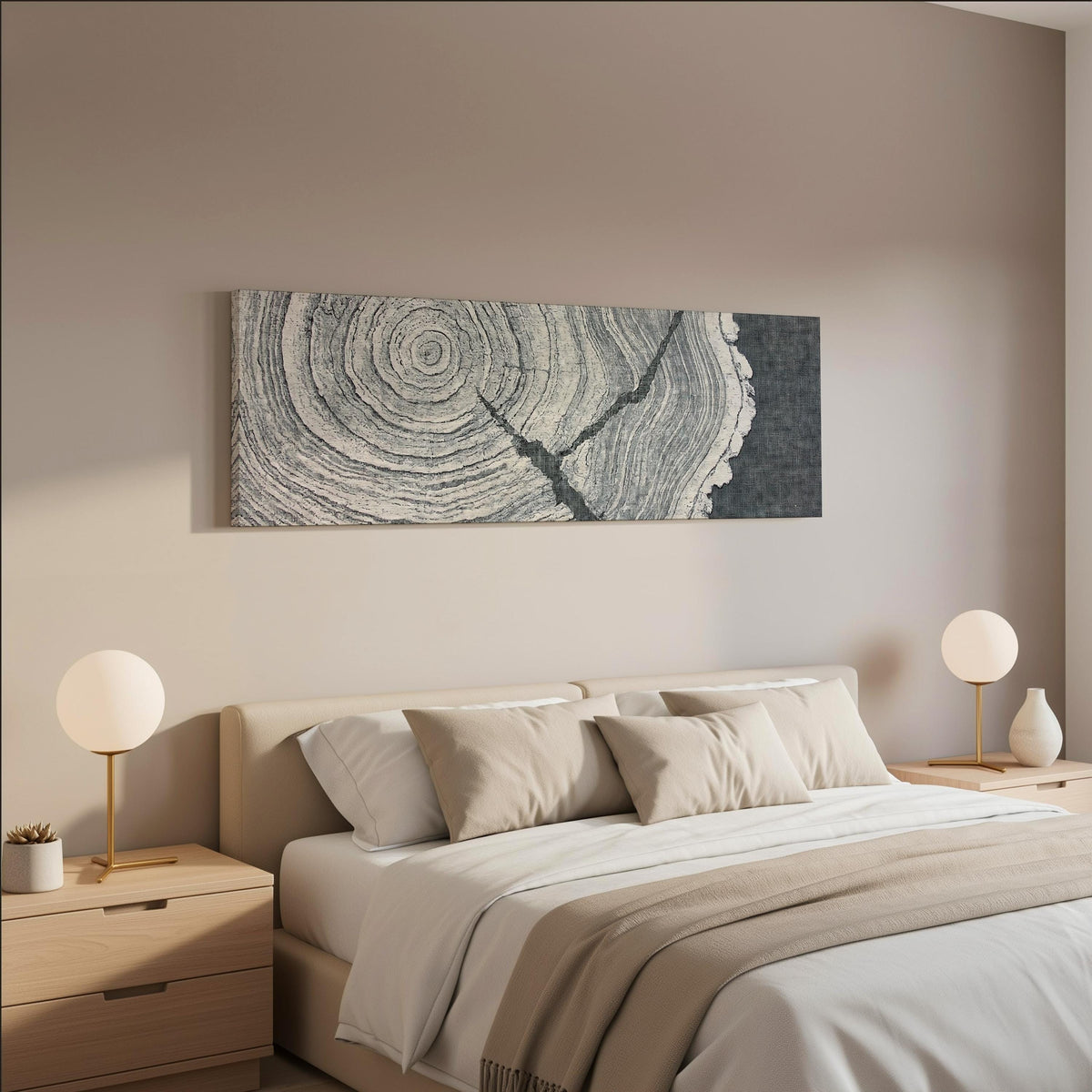 Grey tree ring on linen texture wide panoramic canvas print above a bed in a neutral bedroom