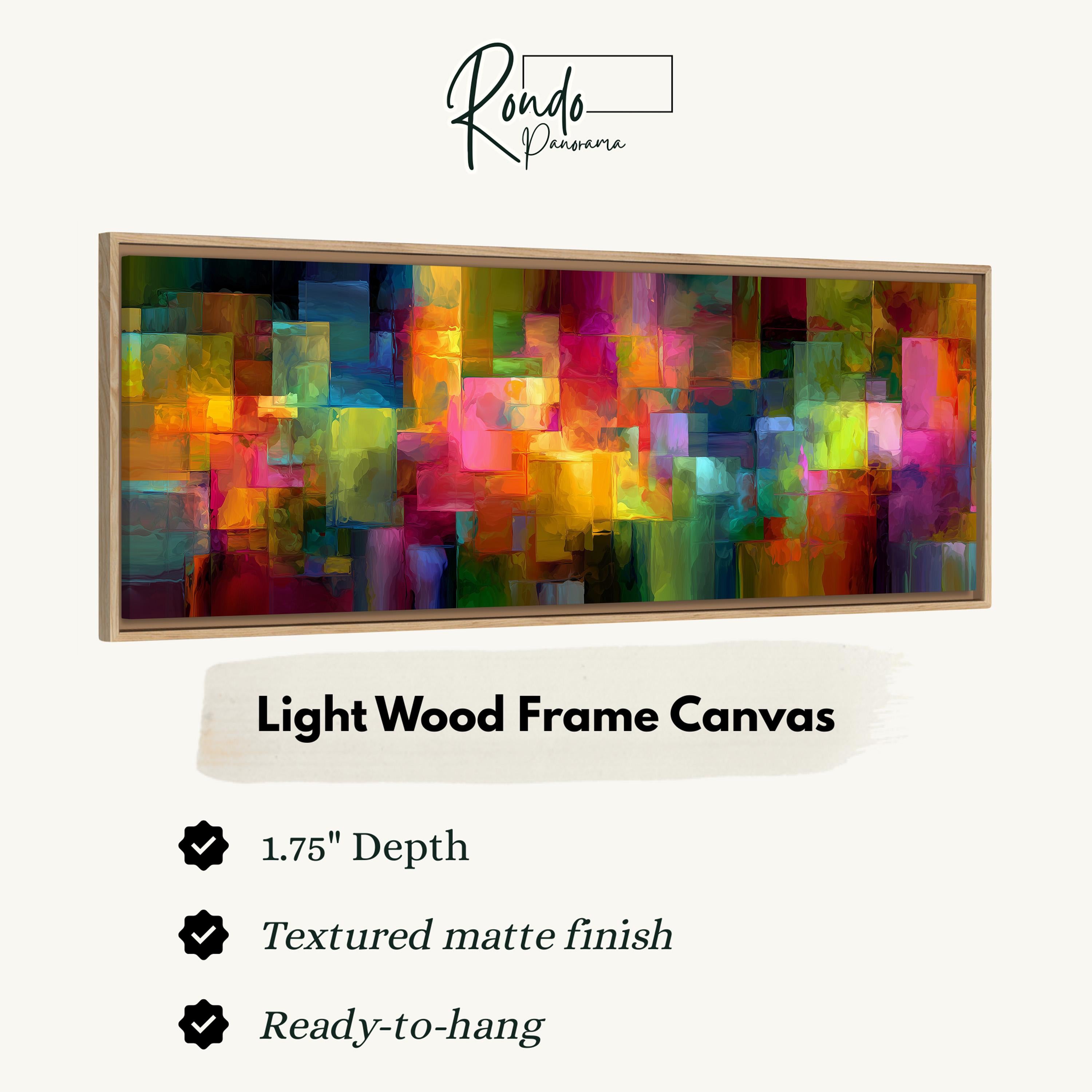 The image is a light wood frame canvas with a textured matte finish, measuring 1.75" in depth. It is ready to hang and has a textured matte finish.