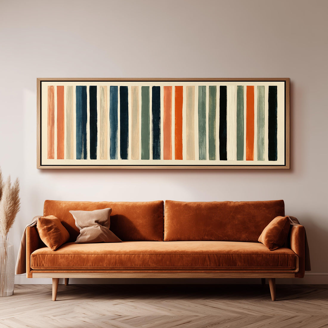 Bold peach, sage and navy stripes long horizontal canvas print above a sofa in a living room