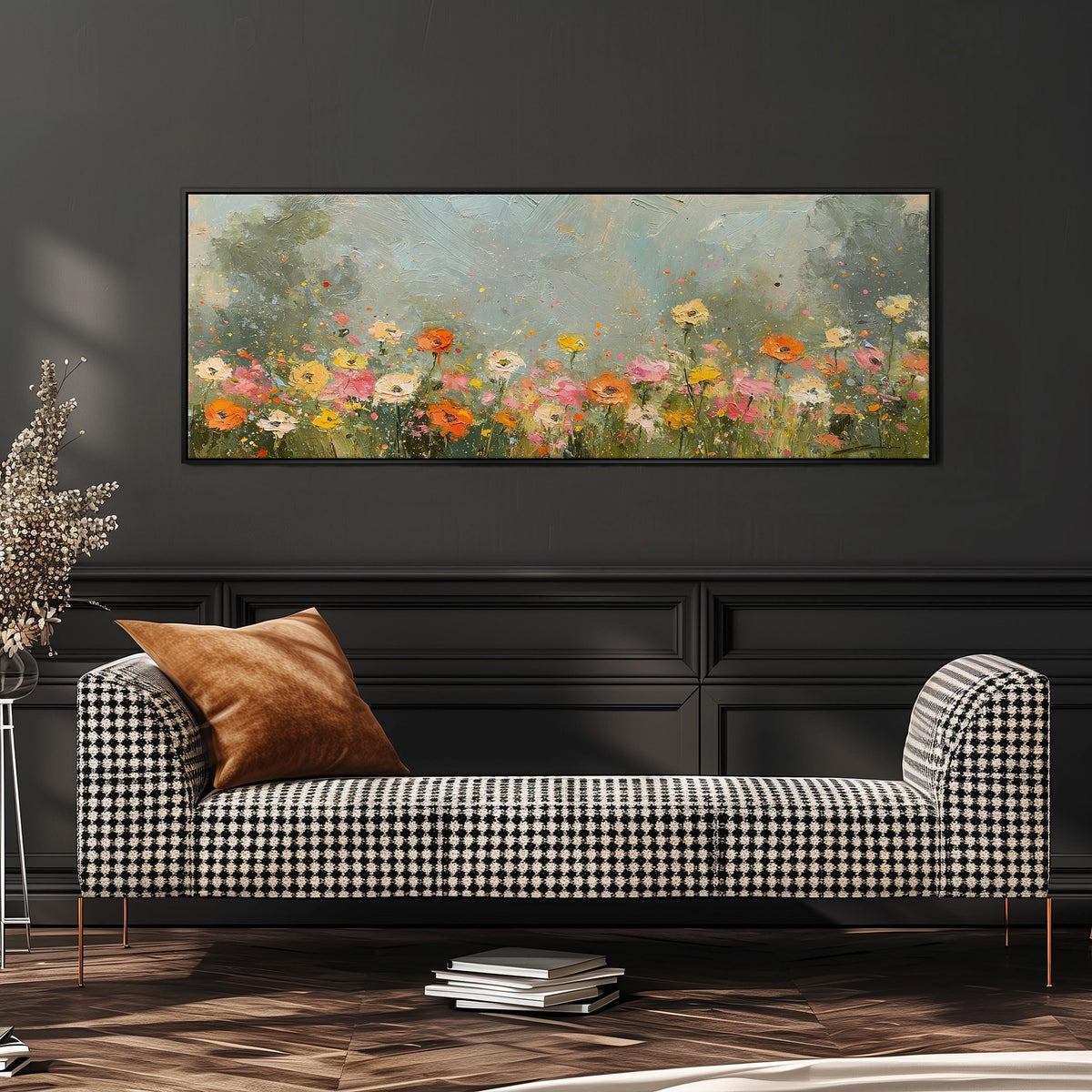 Impressionist wildflower meadow wide panoramic canvas print above a bench in a dark living room