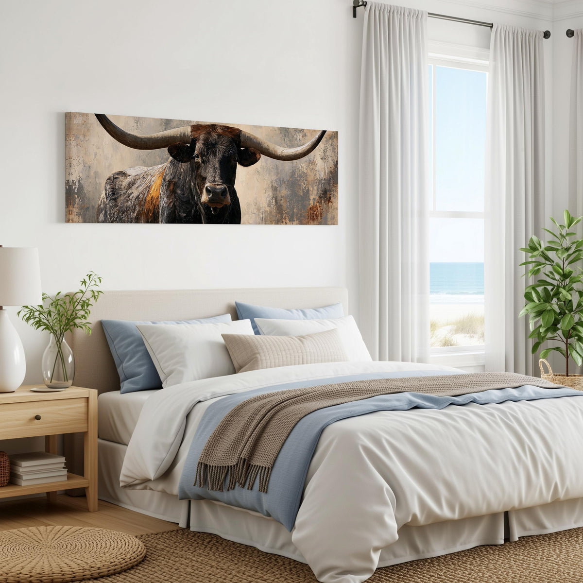 Longhorn bull portrait panoramic canvas print above a bed in a coastal bedroom