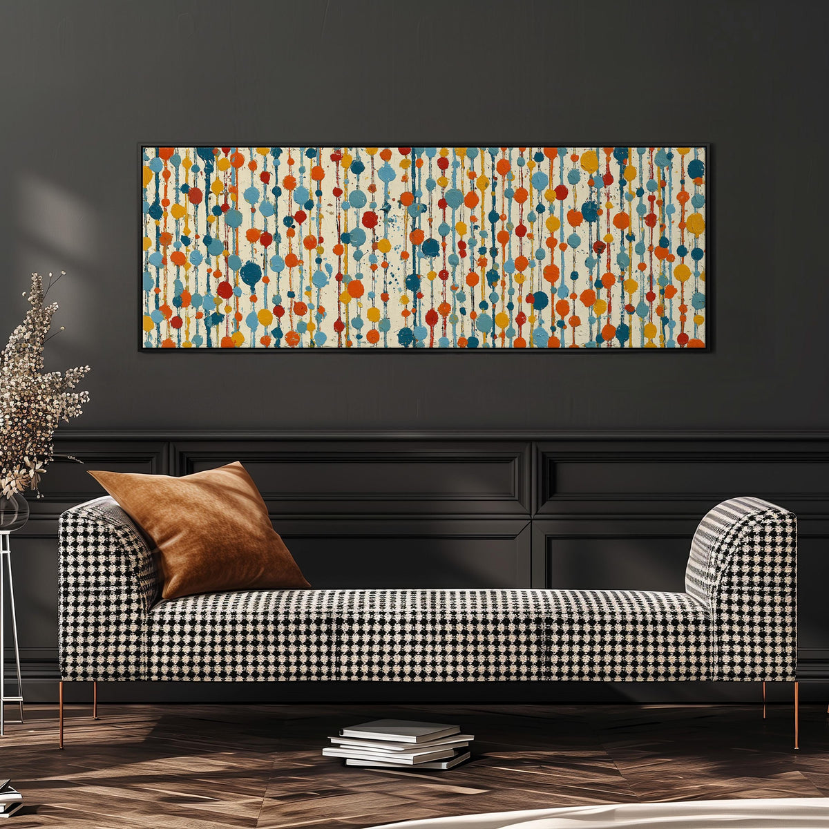 Strings of colorful polka dot blooms wide panoramic canvas print above a bench in a dark living room