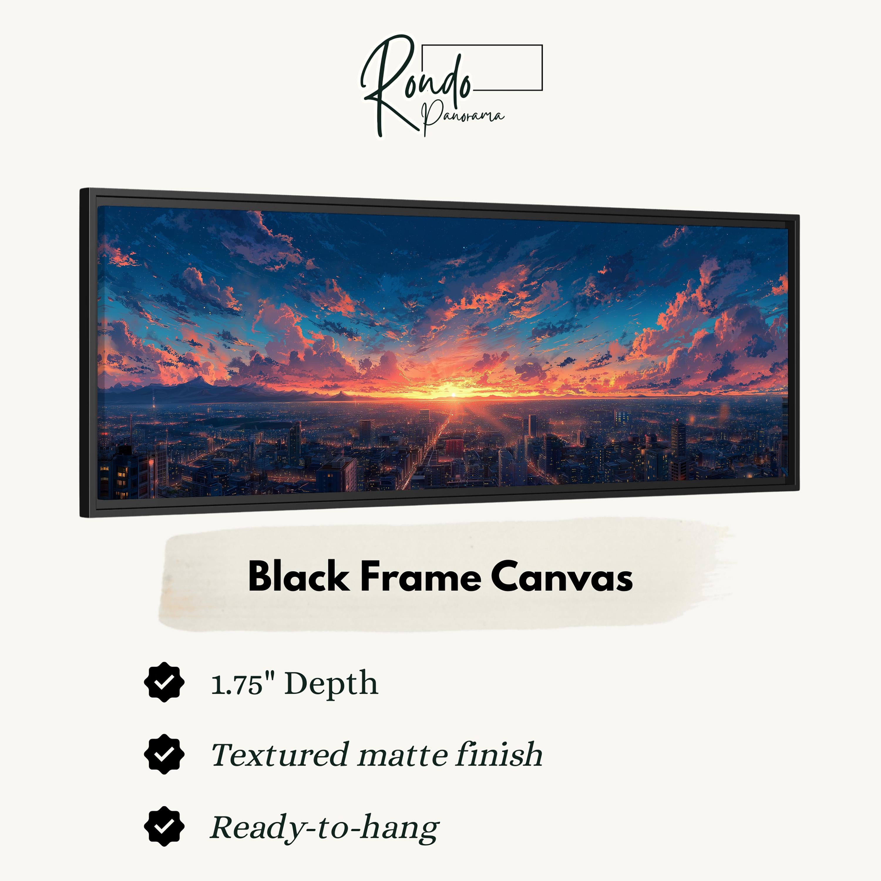 The image is a black frame canvas depicting a cityscape at sunset.