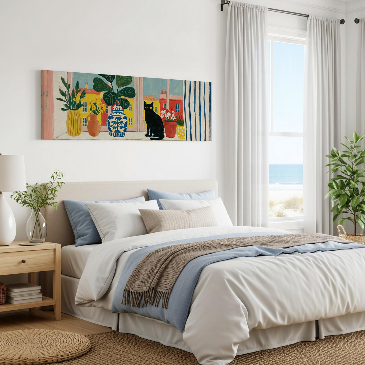 Black cat on a windowsill overlooking a colorful village panoramic canvas print above a bed in a coastal bedroom
