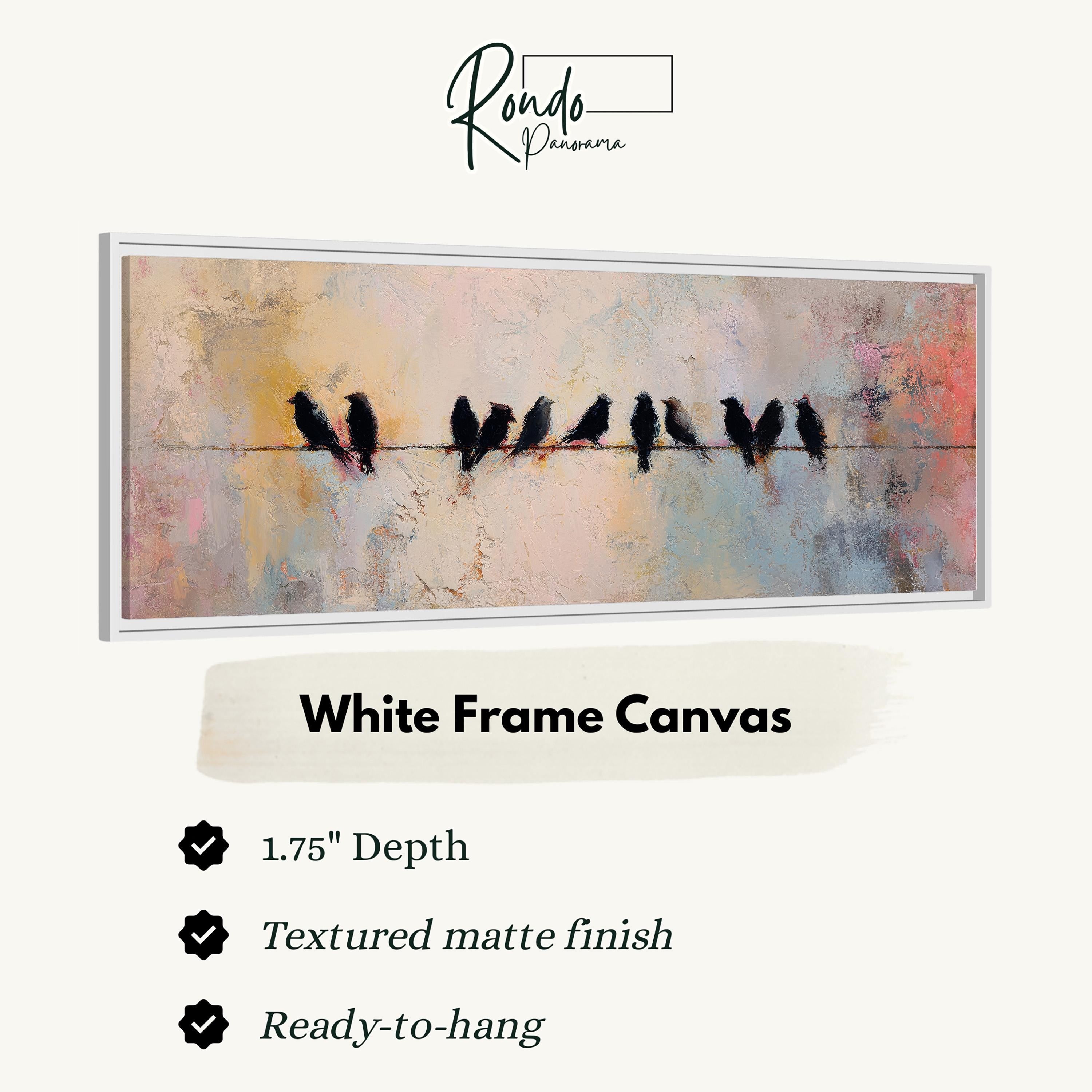 The image is a framed artwork depicting a group of birds perched on a wire.