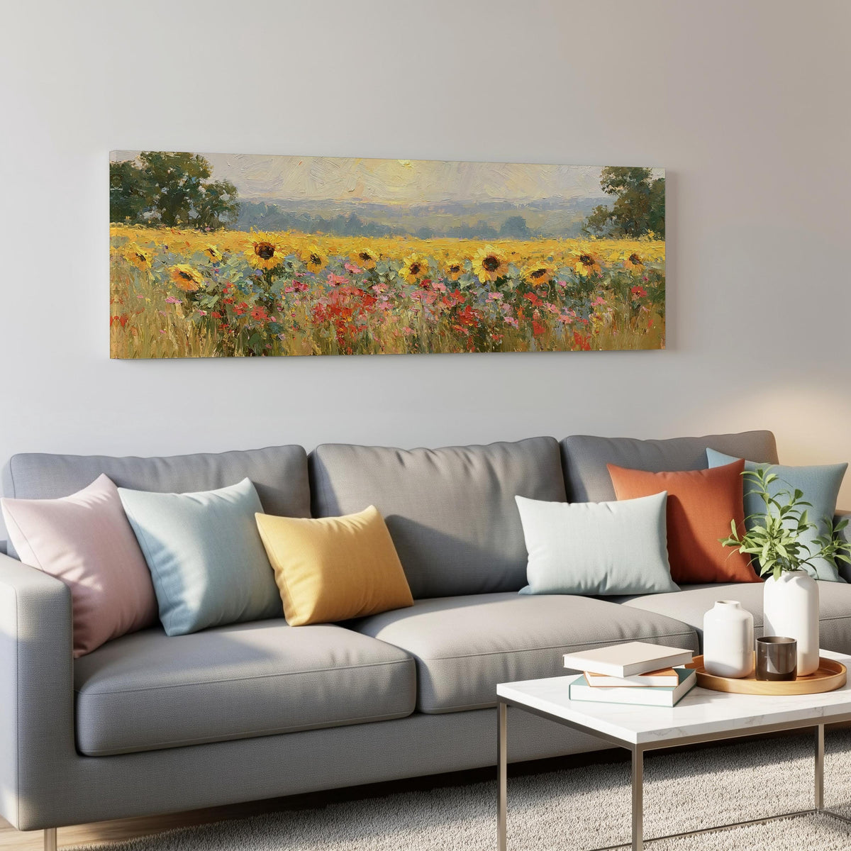 Sunflower and poppy meadow panoramic canvas print above a grey sofa in a living room
