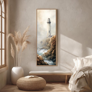 a serene bedroom scene with a large painting of a lighthouse on the wall, a window with a white curtain, a white bench, and a woven ottoman.