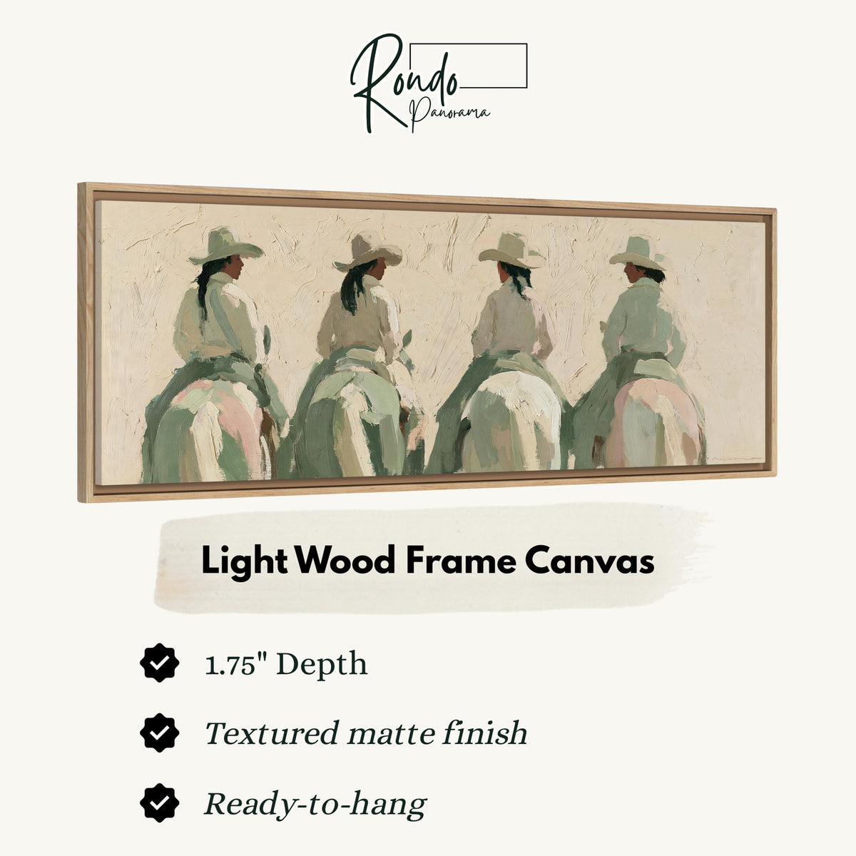 Cowgirl trail riders canvas print in a light wood floating frame