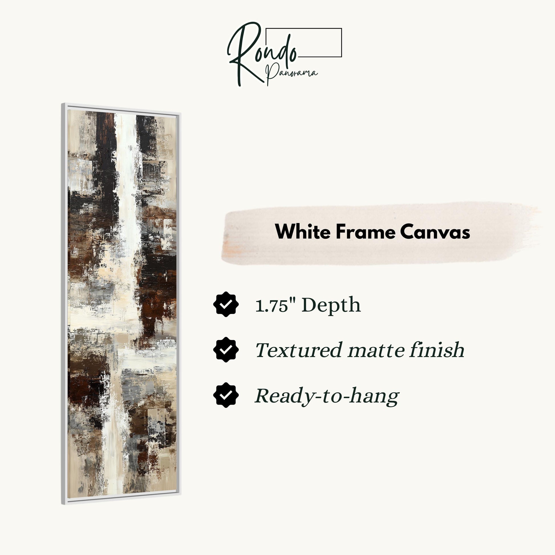The image is a product description for a white frame canvas. It features a vertical abstract painting with a textured finish and a depth of 1.75 inches. The canvas is ready to hang and has a textured matte finish.