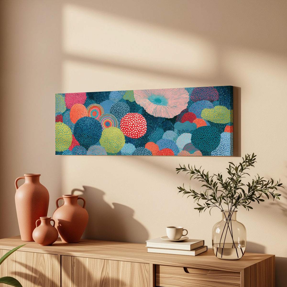 Coral spirals and dotted circles long horizontal canvas print above a wooden sideboard