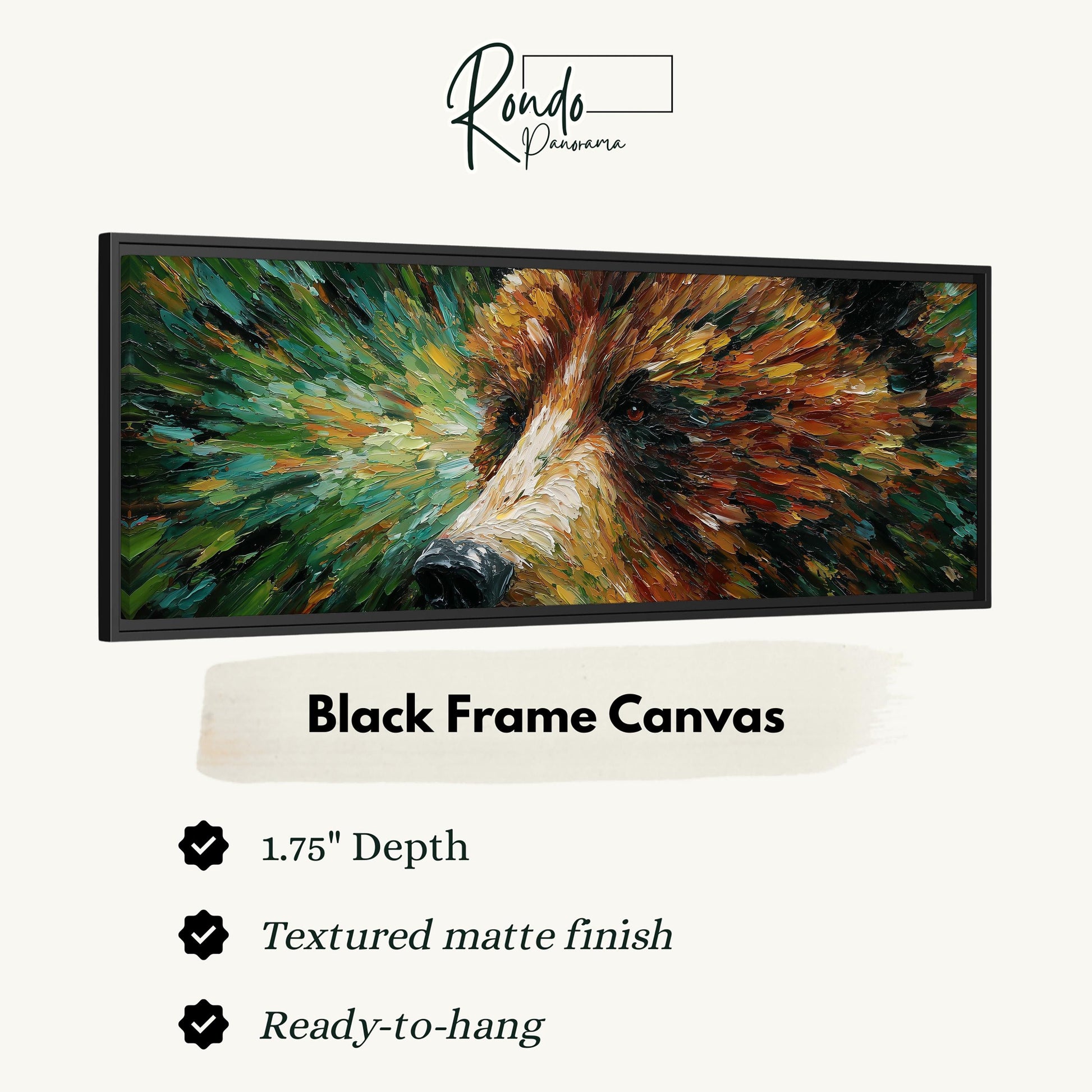 The image is a black frame canvas depicting a close-up of a bear's face with vibrant colors and brushstrokes.