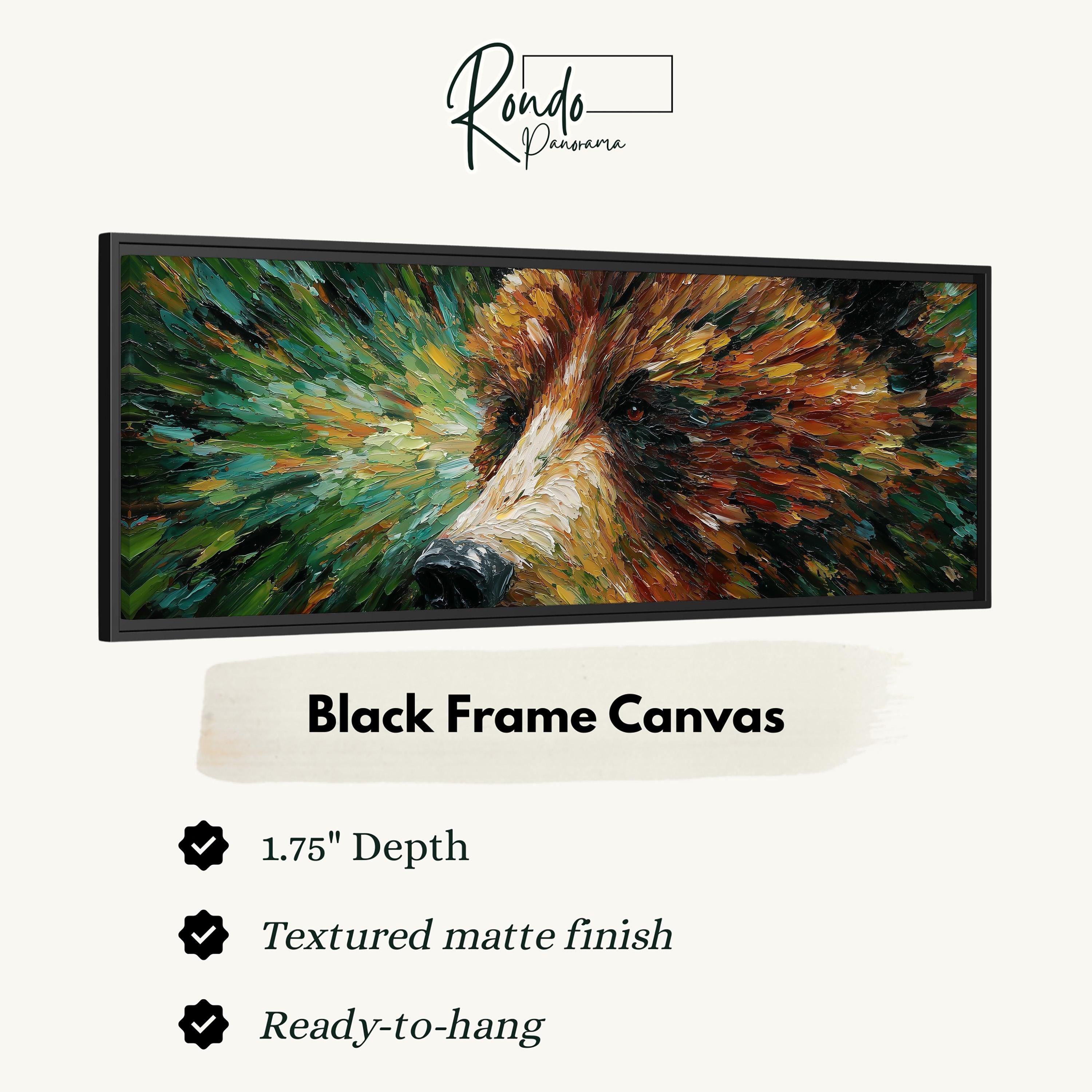 The image is a black frame canvas depicting a close-up of a bear's face with vibrant colors and brushstrokes.