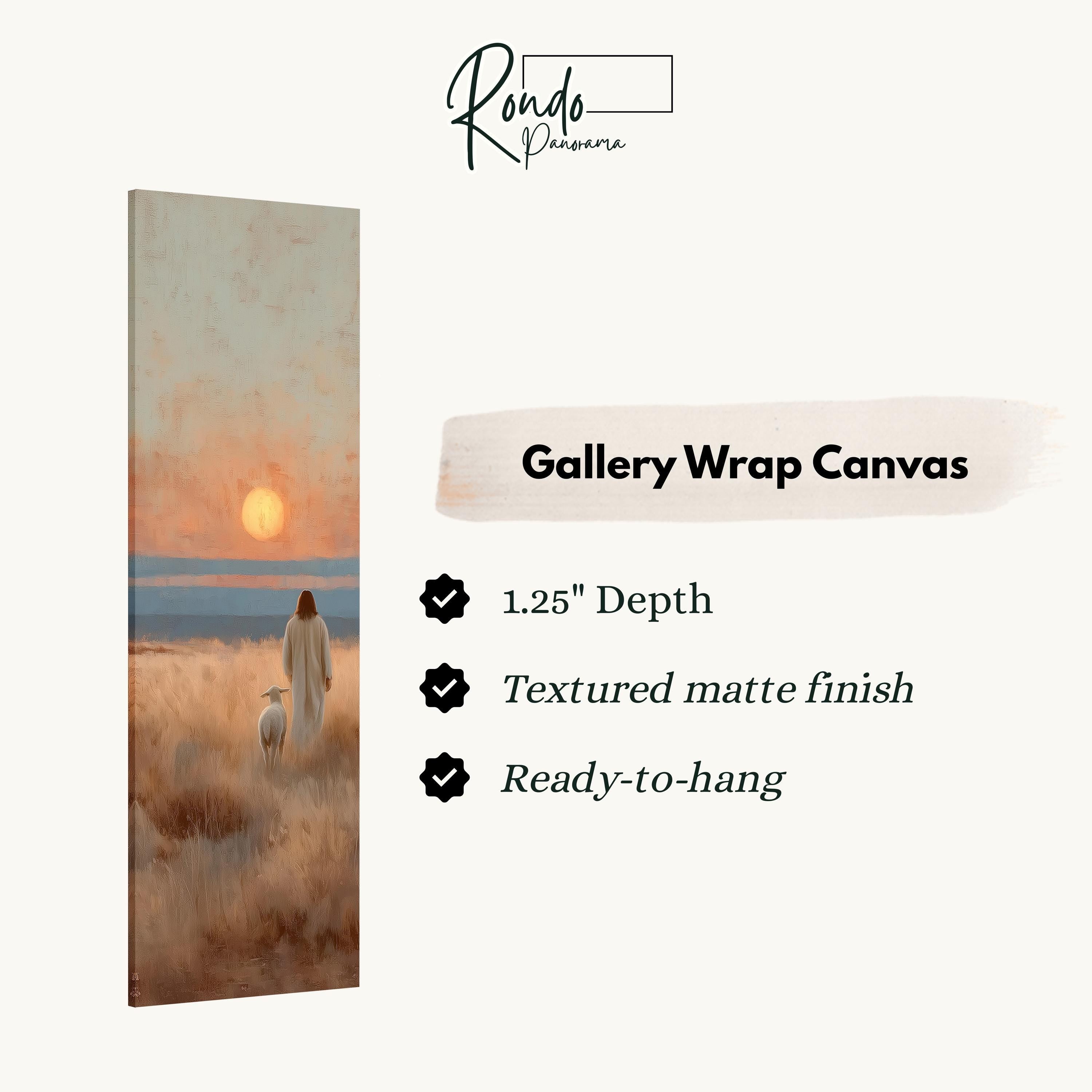 The image is a rectangular gallery wrap canvas depicting a pastoral scene with a person and a dog walking in a field.