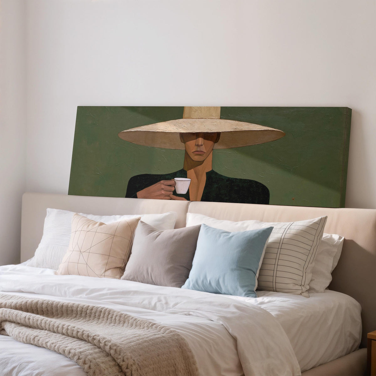 Shadowed woman in a sun hat with espresso wide panoramic canvas print above a bed in a bedroom