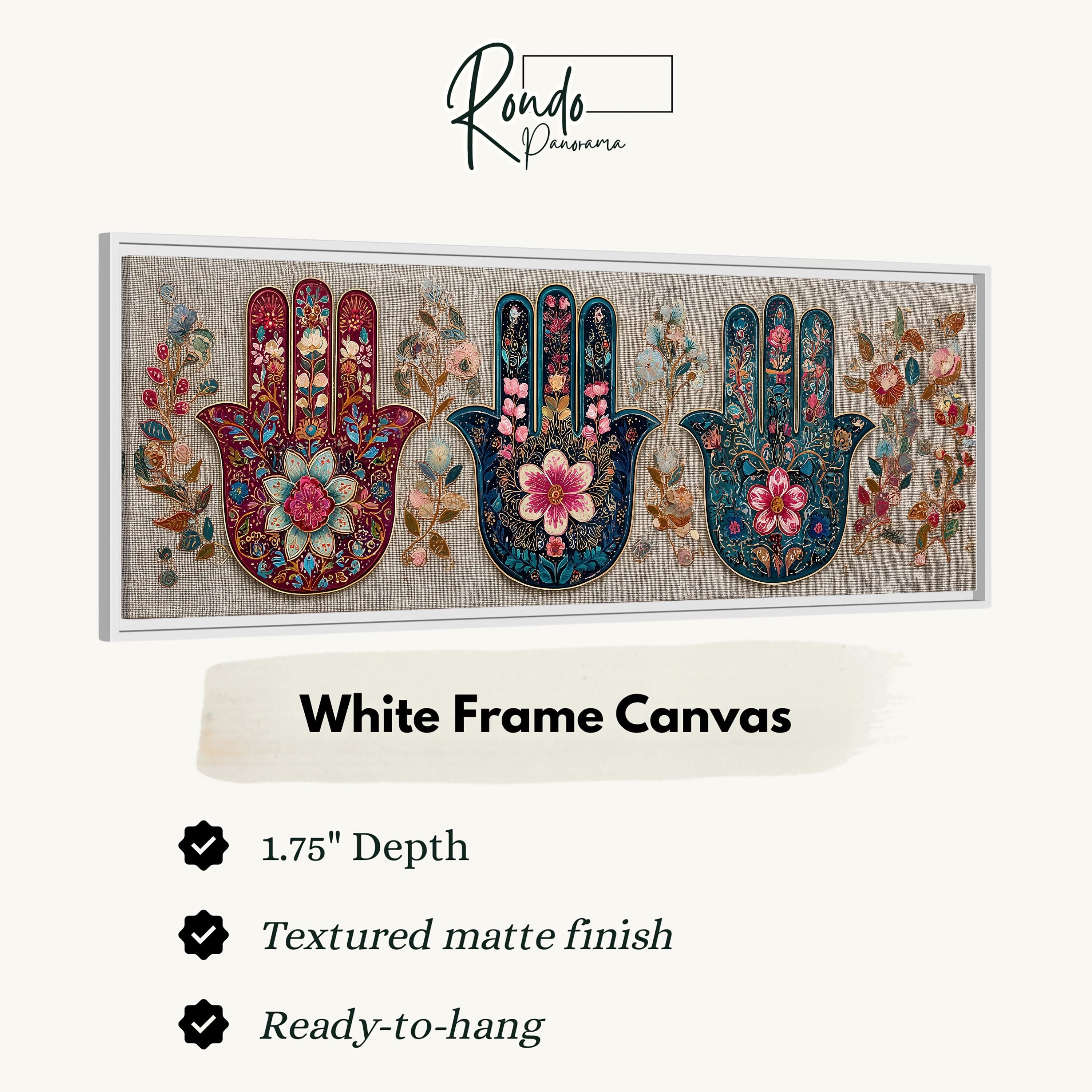 a white frame canvas with three colorful hand-painted floral designs.