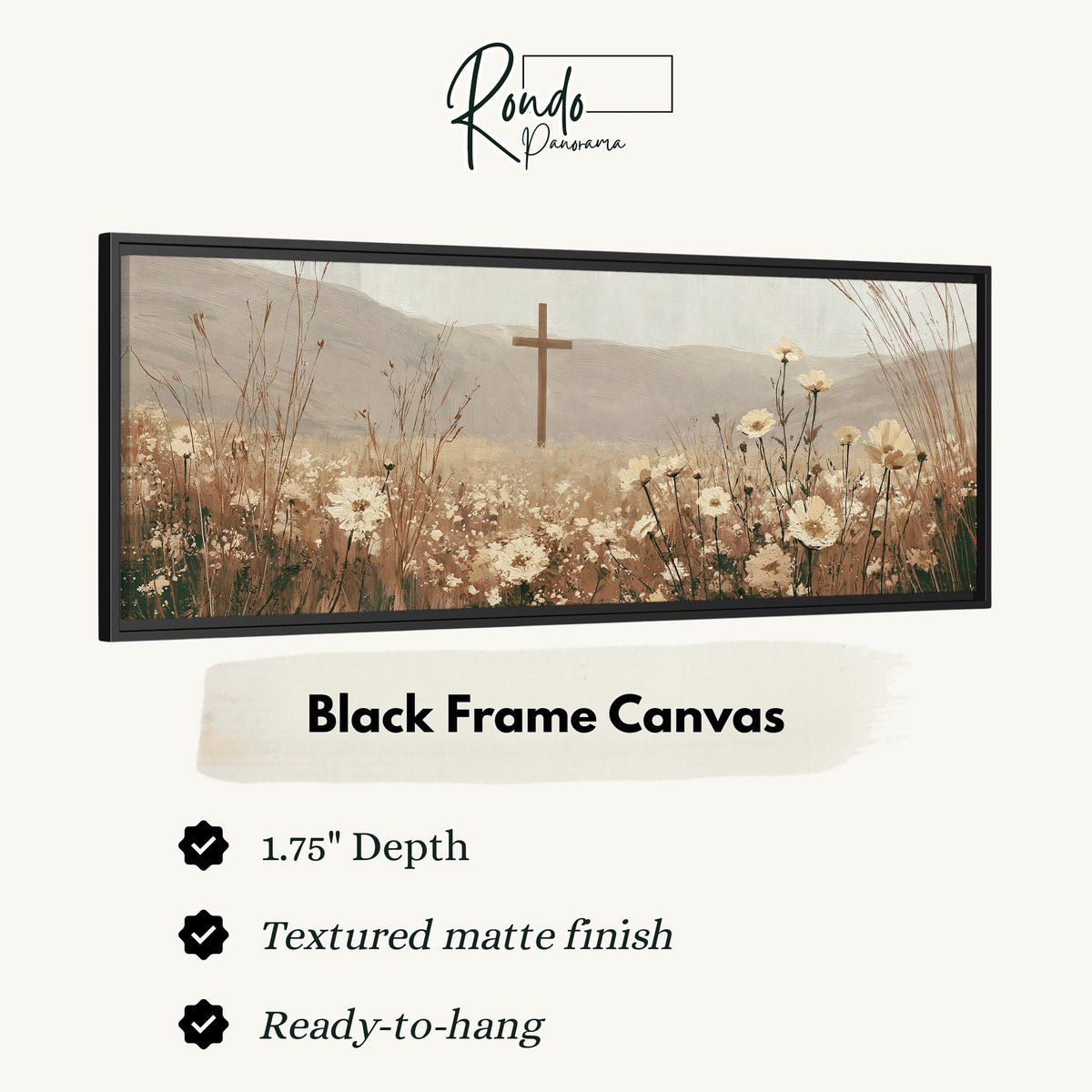 Wooden cross in a cream wildflower field canvas print in a black floating frame