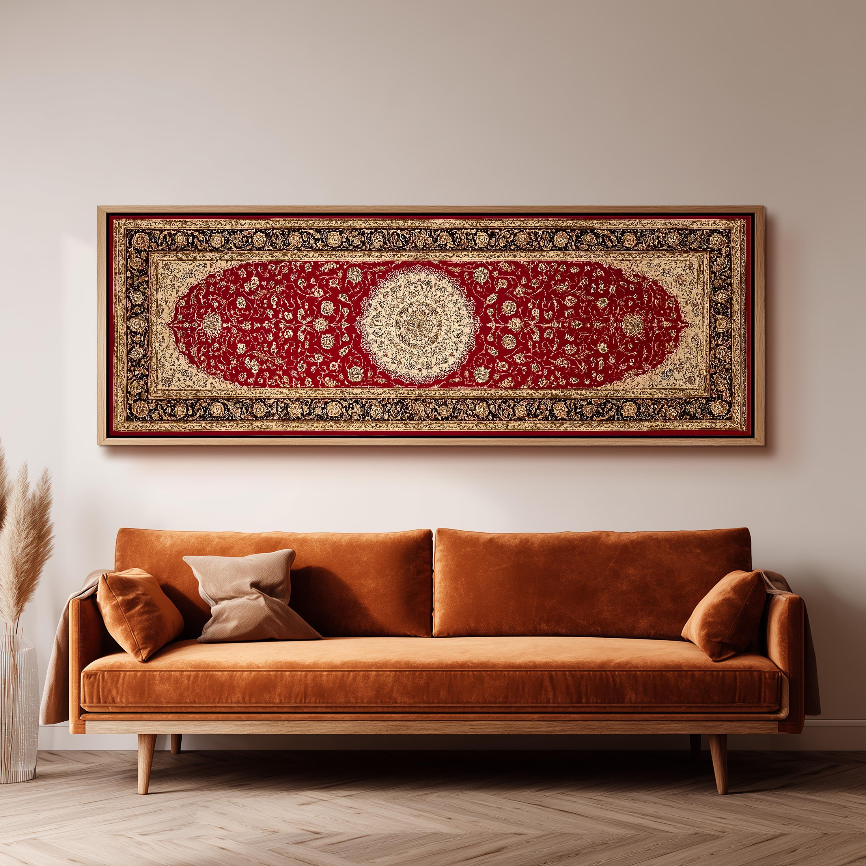 a large, ornate red and gold rug hanging on a white wall above a brown sofa with two pillows.