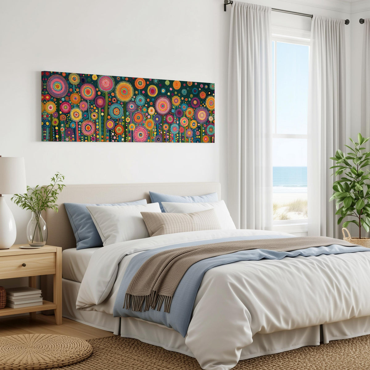 Circle flower garden on teal panoramic canvas print above a bed in a coastal bedroom