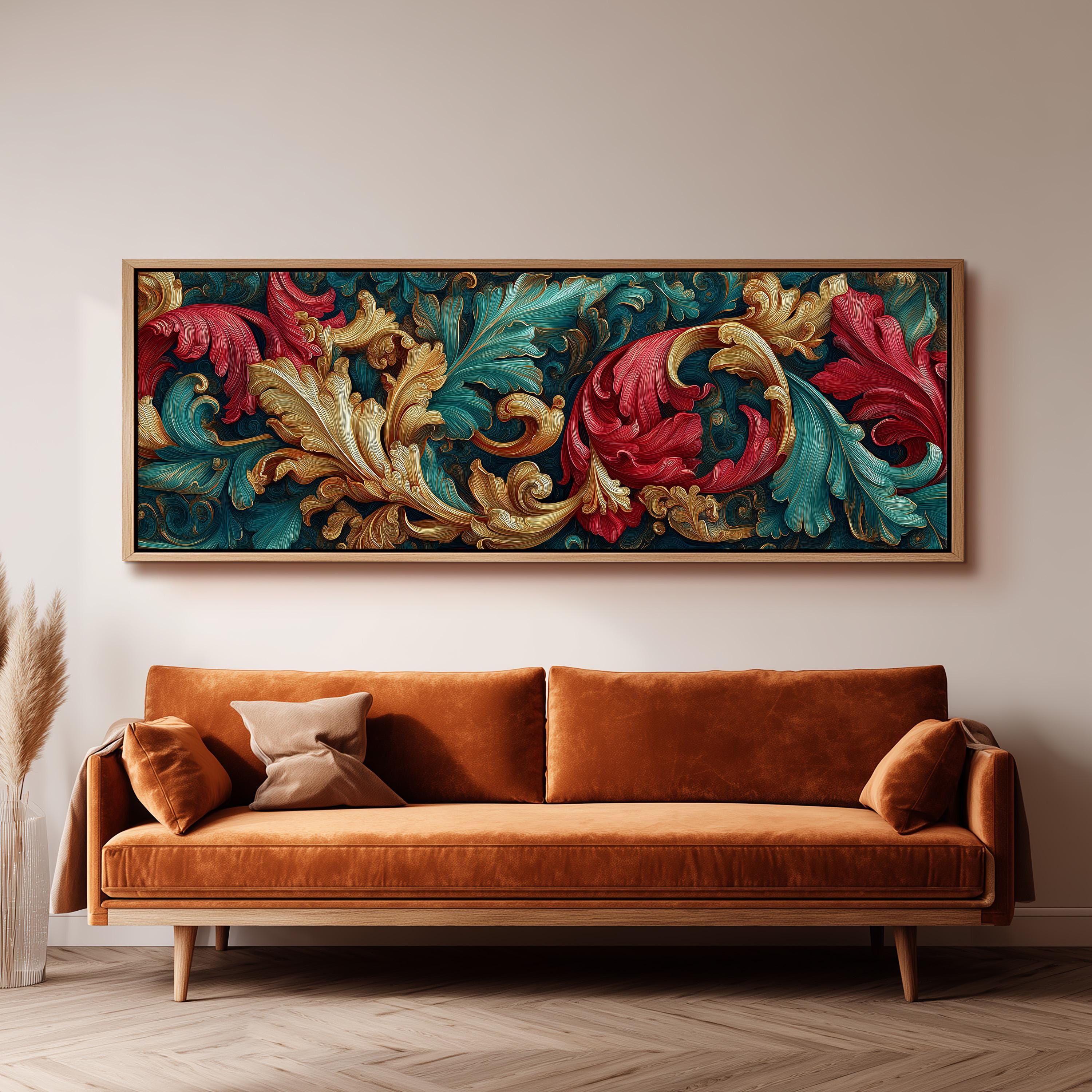 a large, ornate painting hanging on a wall above a brown sofa.