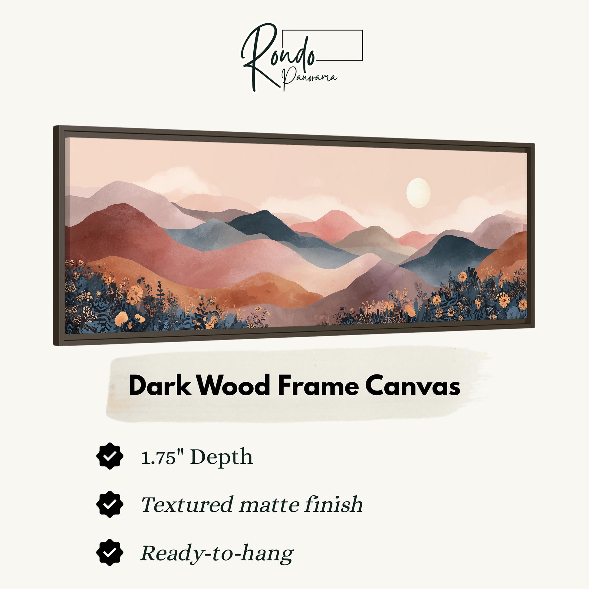 The image is a framed artwork depicting a scenic landscape with mountains and a sunset.