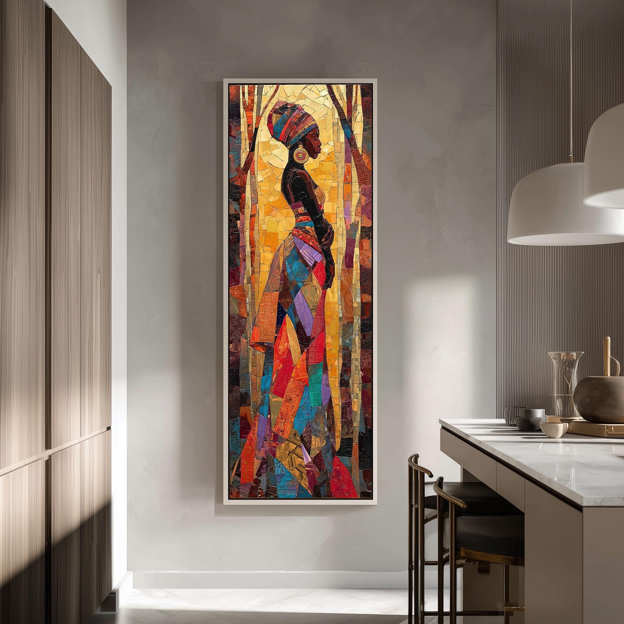 a large, colorful painting of a woman in a vibrant dress, hanging on a wall in a modern, minimalist interior space.