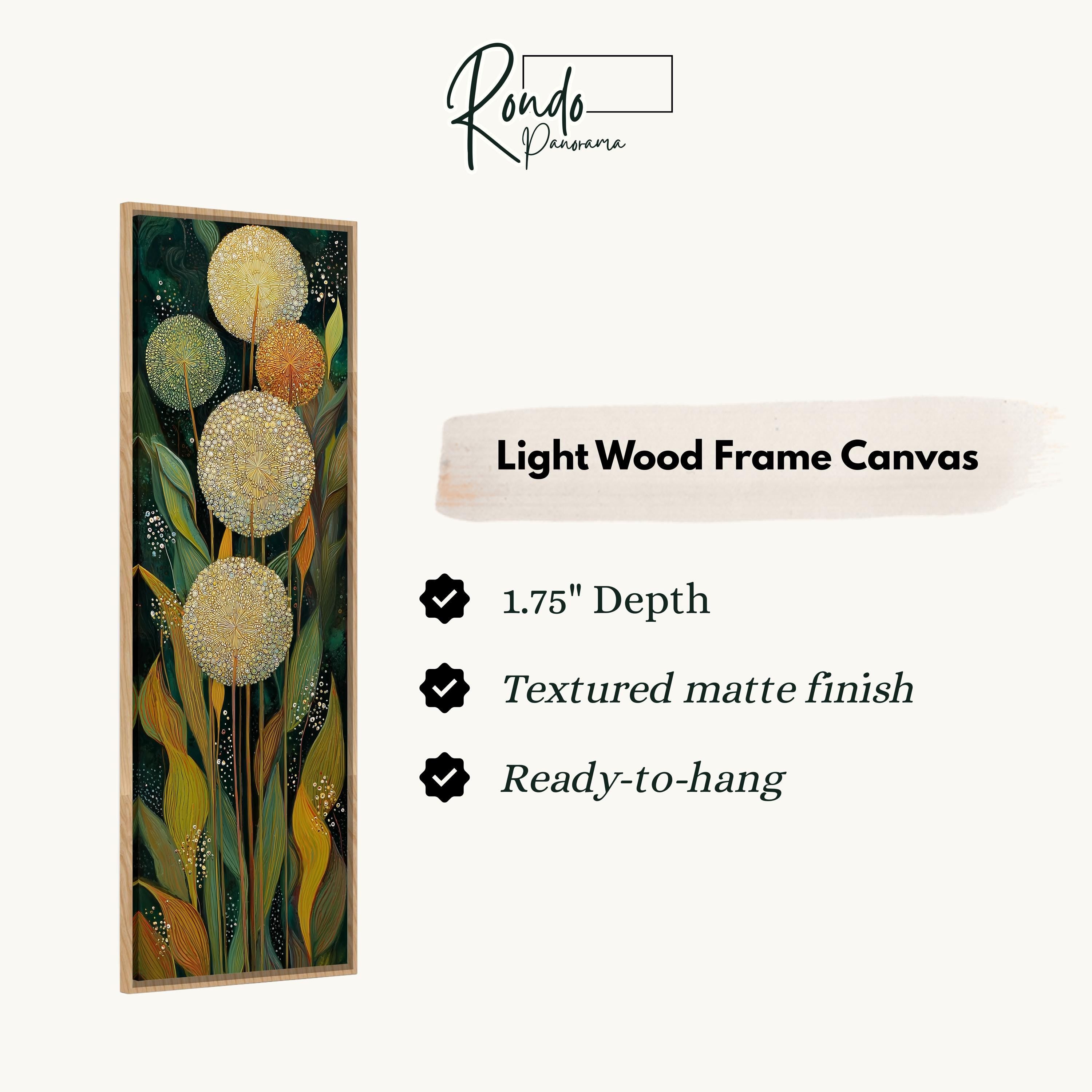 The image is a rectangular frame canvas with a painting of flowers and leaves on it. The frame is described as a light wood frame canvas, which means it has a smooth finish and is ready to hang. The painting has a 1.75" depth, and it is textured with a matte finish. The painting is ready to hang, as indicated by the text.