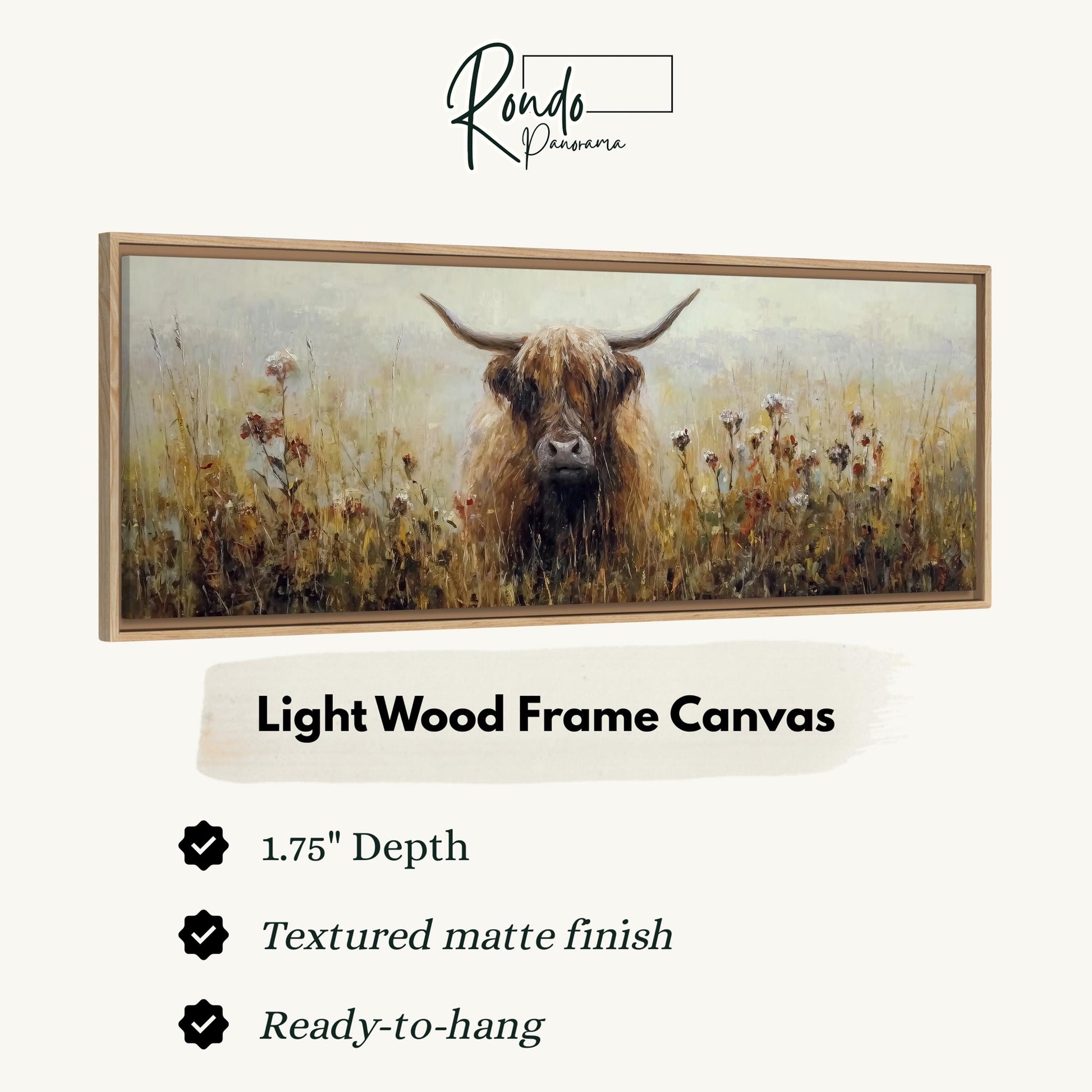 The image is a light wood frame canvas depicting a large horned animal, likely a yak or a bull, standing in a field of tall grass.