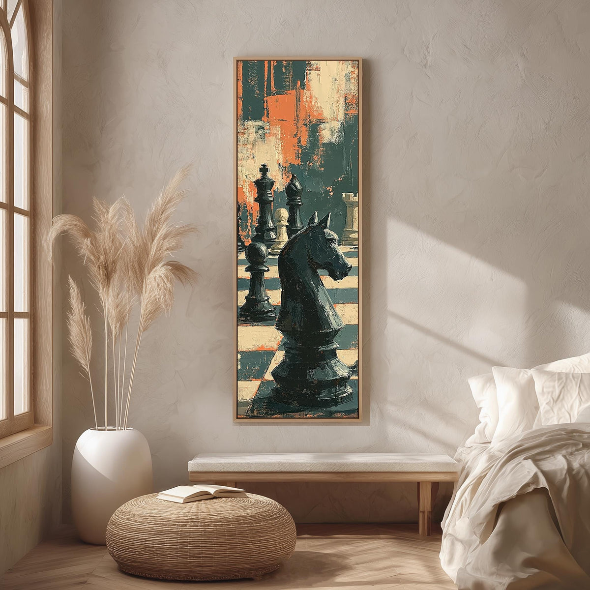 Black chess knight in dramatic shadows long vertical canvas print in a bright reading corner