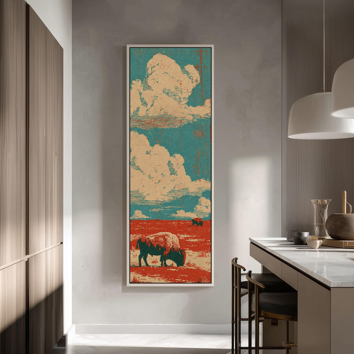 Bison on a red prairie under clouds tall skinny canvas print in a modern kitchen