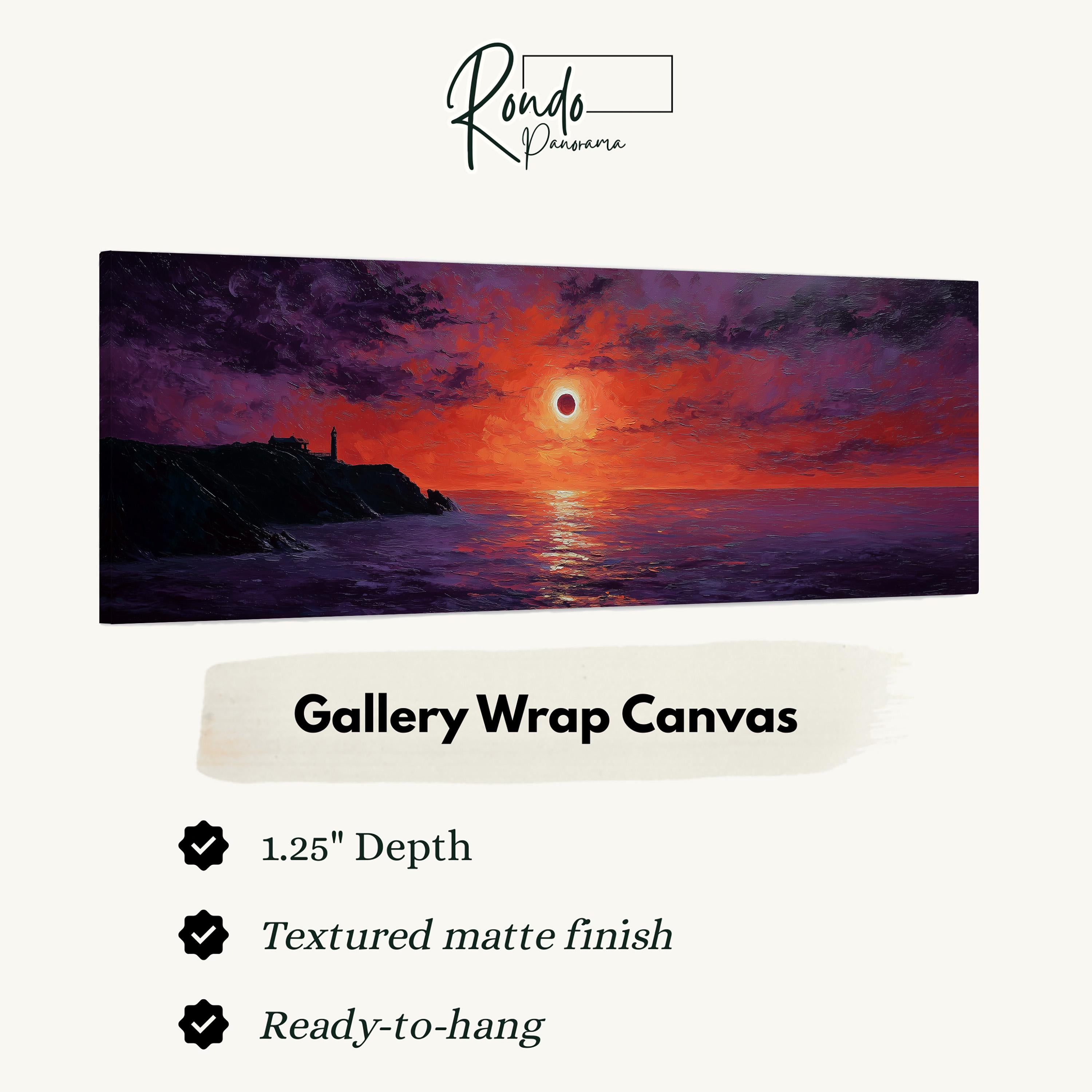 The image is a painting of a sunset over the ocean, with a lighthouse on a cliff in the background.