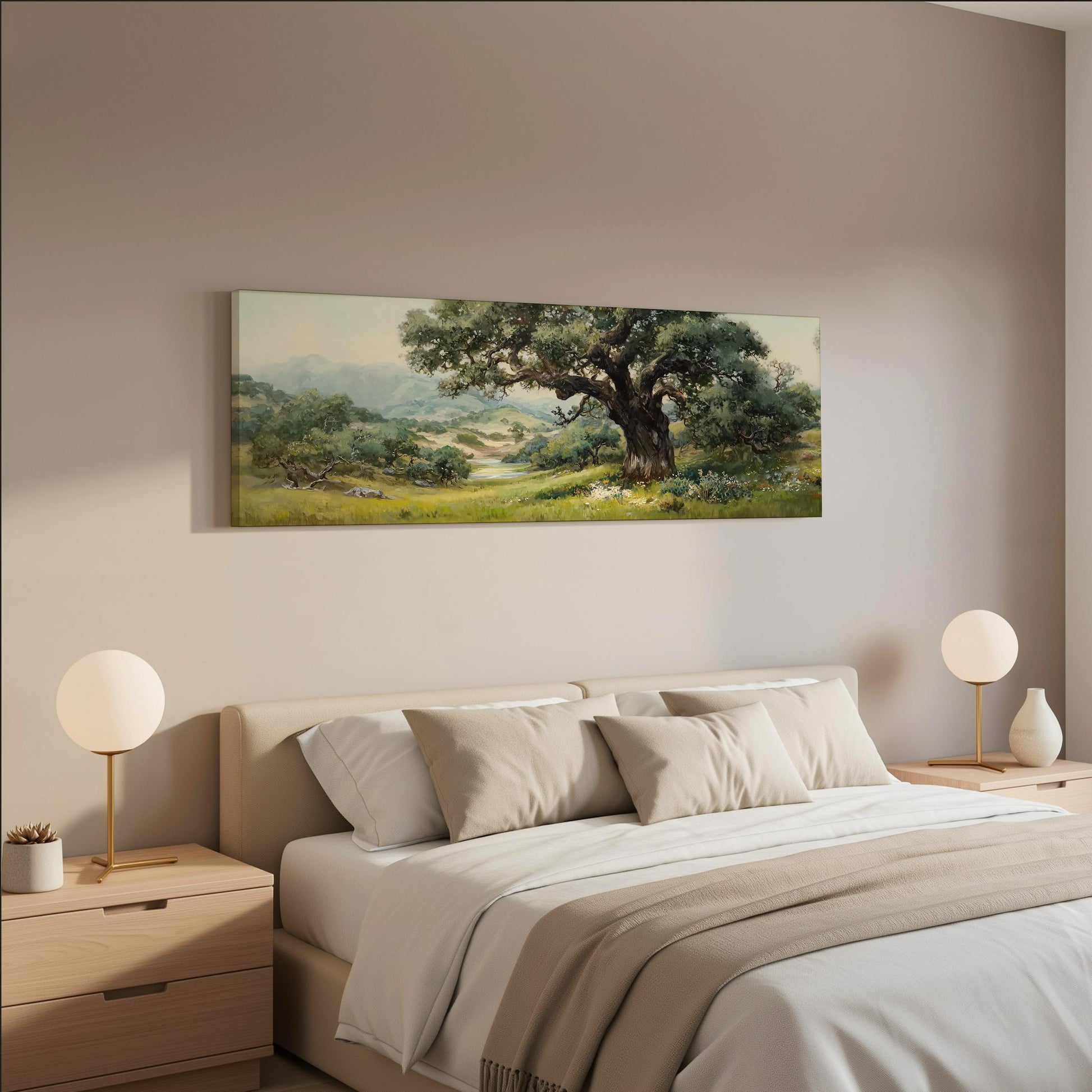 a serene bedroom scene with a large bed, two nightstands with lamps, and a painting of a lush green landscape hanging on the wall above the bed.